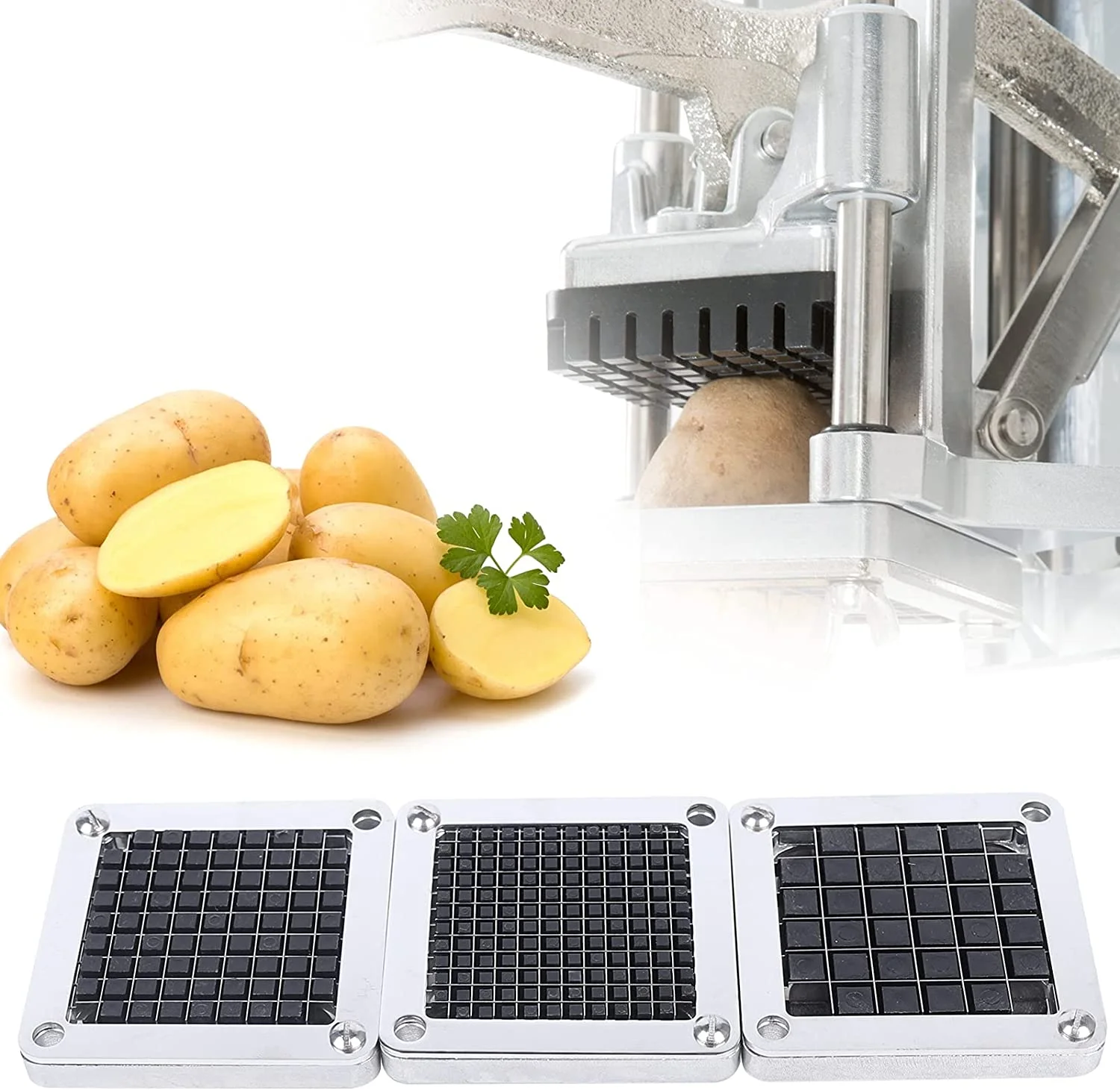 FETCOI Manual French Fries Machine Blade Replacement Chopping Blade 440C Stainless Steel Blade Commercial Vegetable Cutter Fruit Cutter Interchangeable Blade and Pushing Block Set