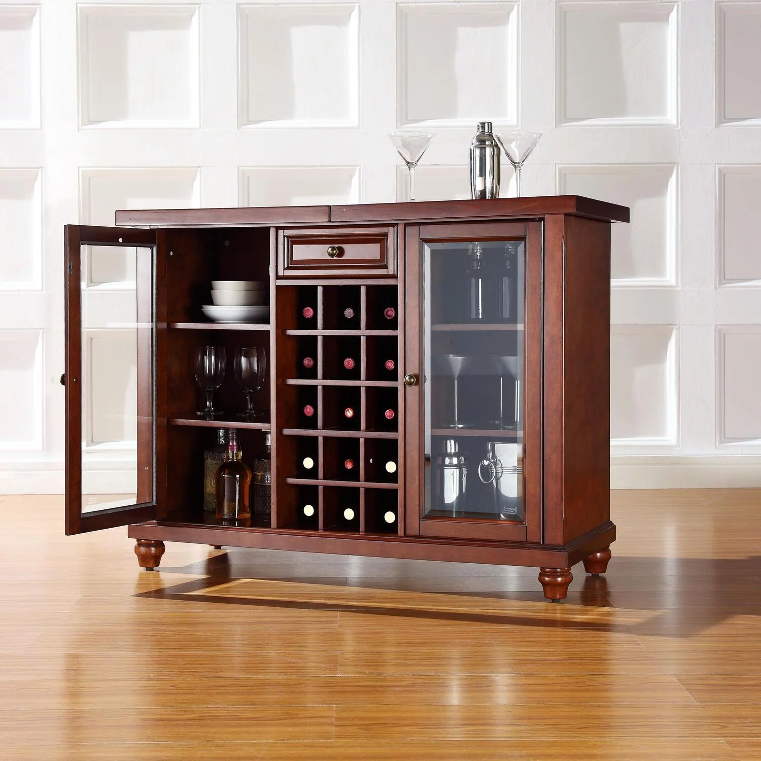 HomeStock Artisanal Abode Sliding Top Bar Cabinet Mahogany