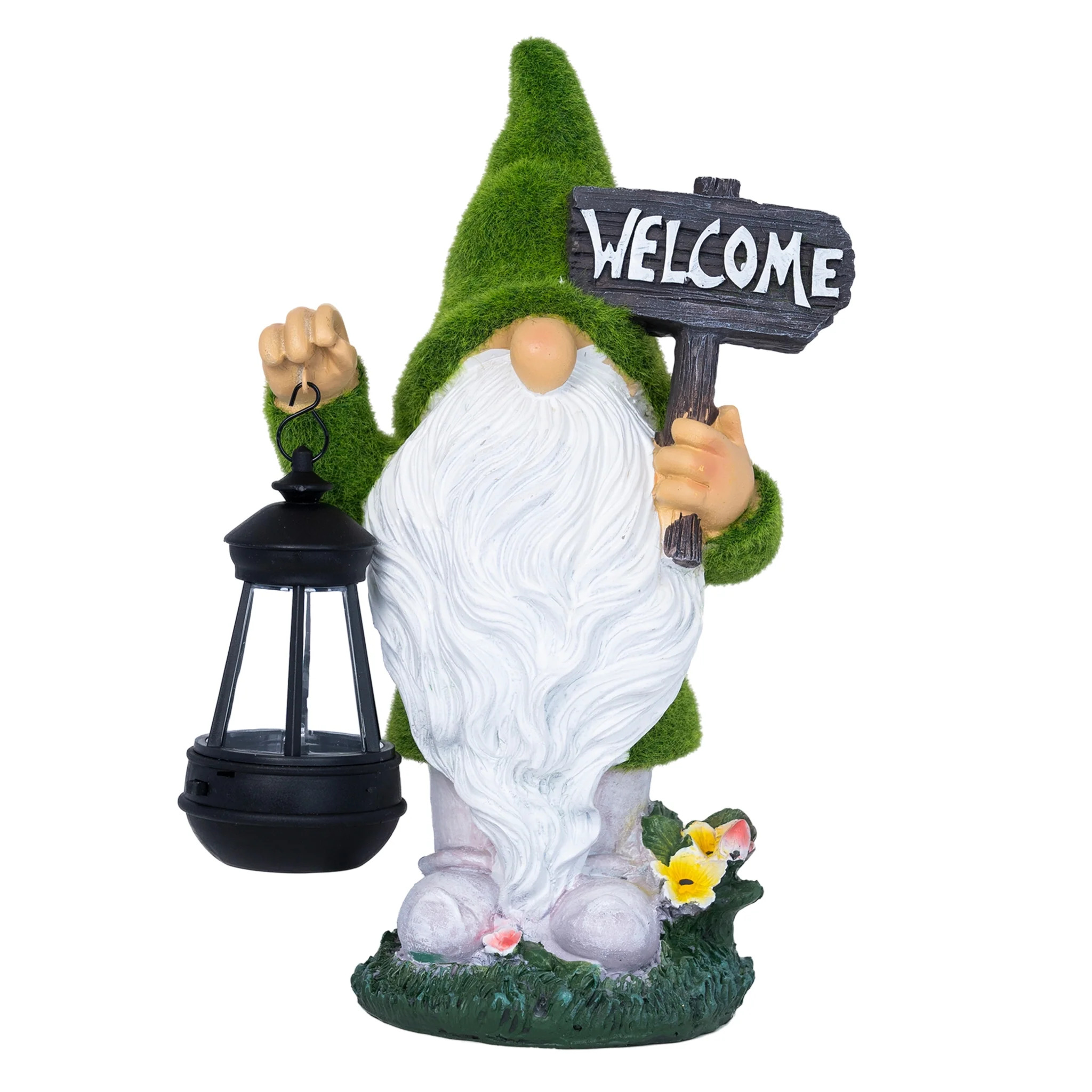 Welcome Gnome with Solar Powered Garden Lamp, Green White, Polyresin Lawn Gnome Statue, Patio Statue 13 inch 33 cm