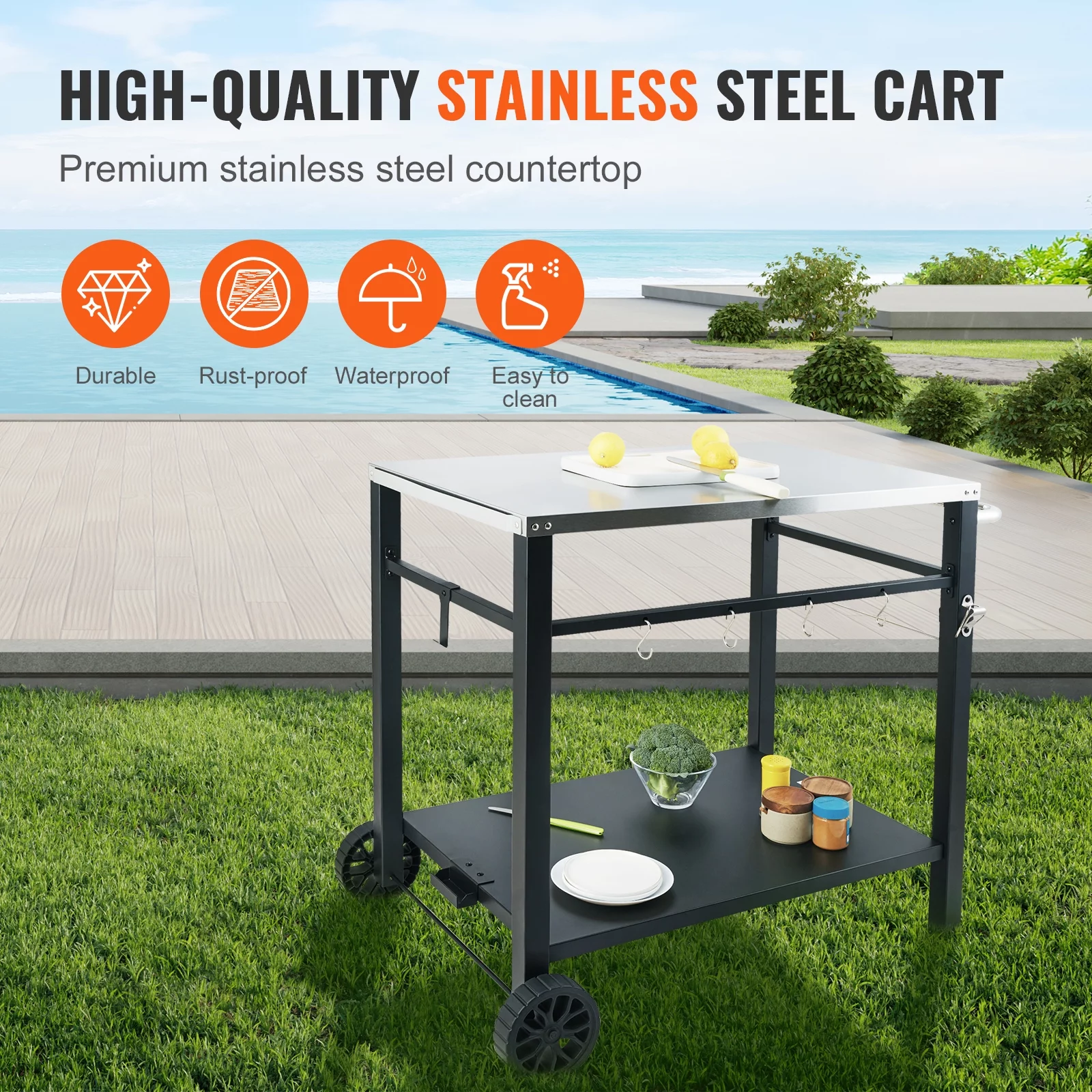 SKYSHALO Double-Shelf BBQ Outdoor Grill Dining Cart Movable Food Prep Trolley Patio