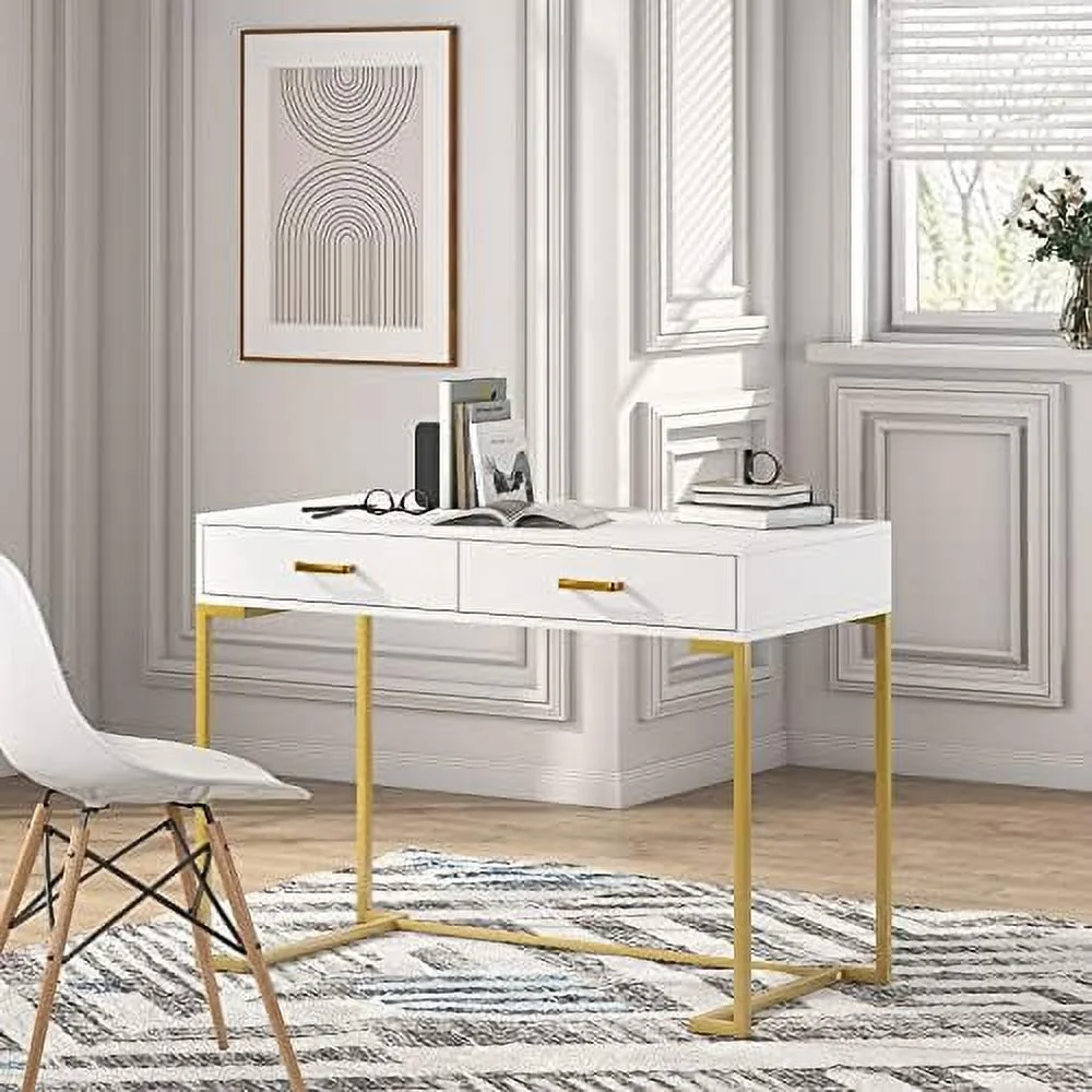 TJCGDTY Computer Desk with 2 Drawers  39.4\u201D Modern Simple White and Gold Writing Desk Desk with  Drawers   Vanity Console Table Study Desk for Home Office