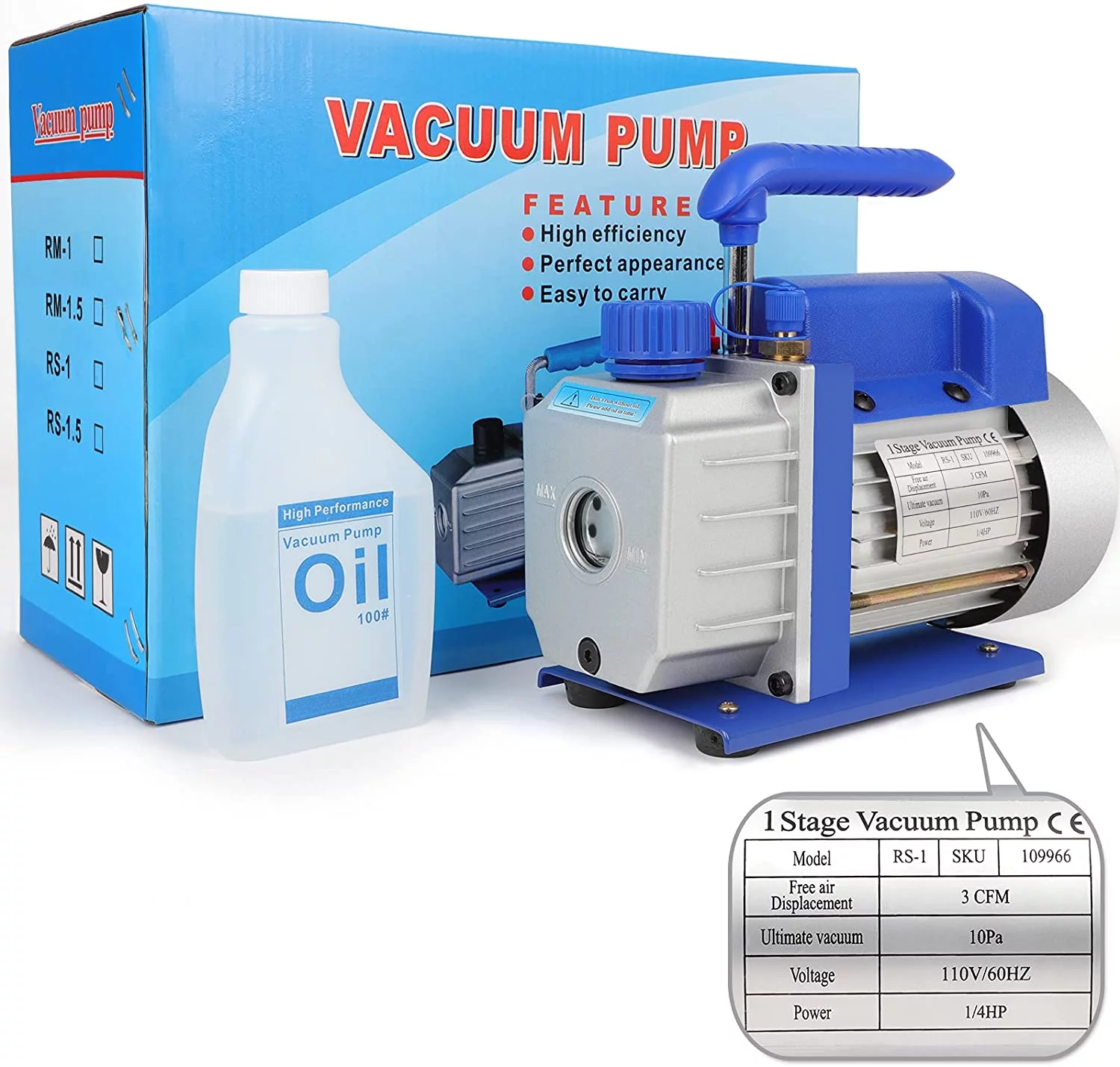 3CFM 1/4 hp Deep HVAC AC Vacuum Pump Refrigerant Conditioning Rotary Vane Hose