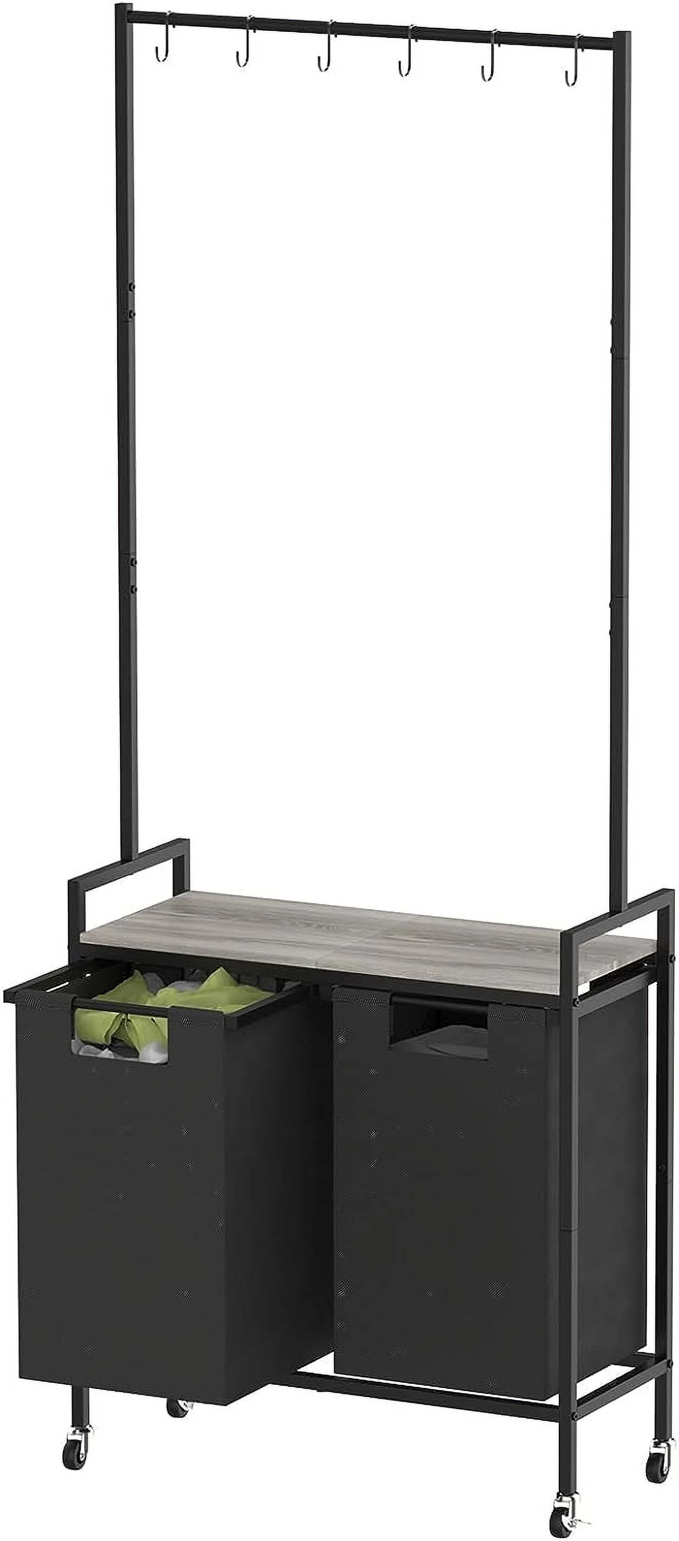 Rolling Laundry Sorter Hamper 2 Section with Shelf and Hanging Bar, Gray