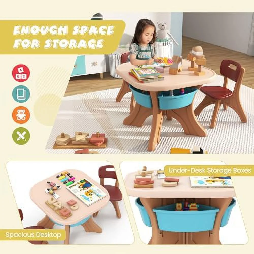 NLTBONNIE Table and Chair Set  Plastic Children Activity Table and 2 Chair Set w/ Bins  3 Piece Toddler Table and Chairs for Art  Craft  Reading  Drawing  Gift for Boys Girls (Coffee)