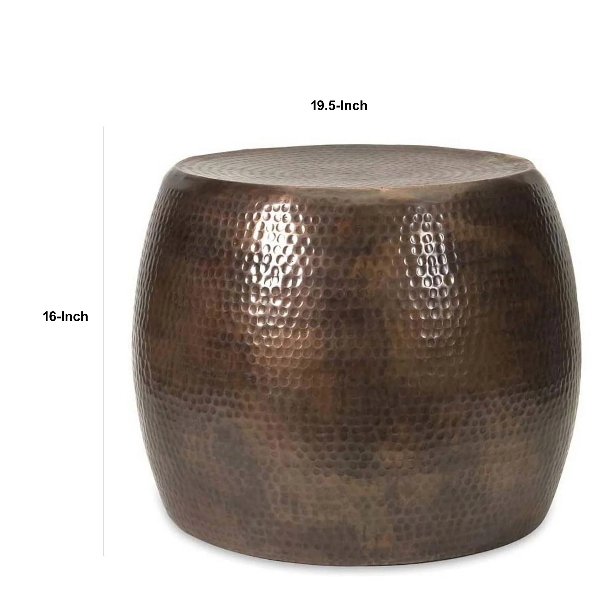 20 Inch Classic Iron Low Accent Table, Round Top, Drum Shape, Brown