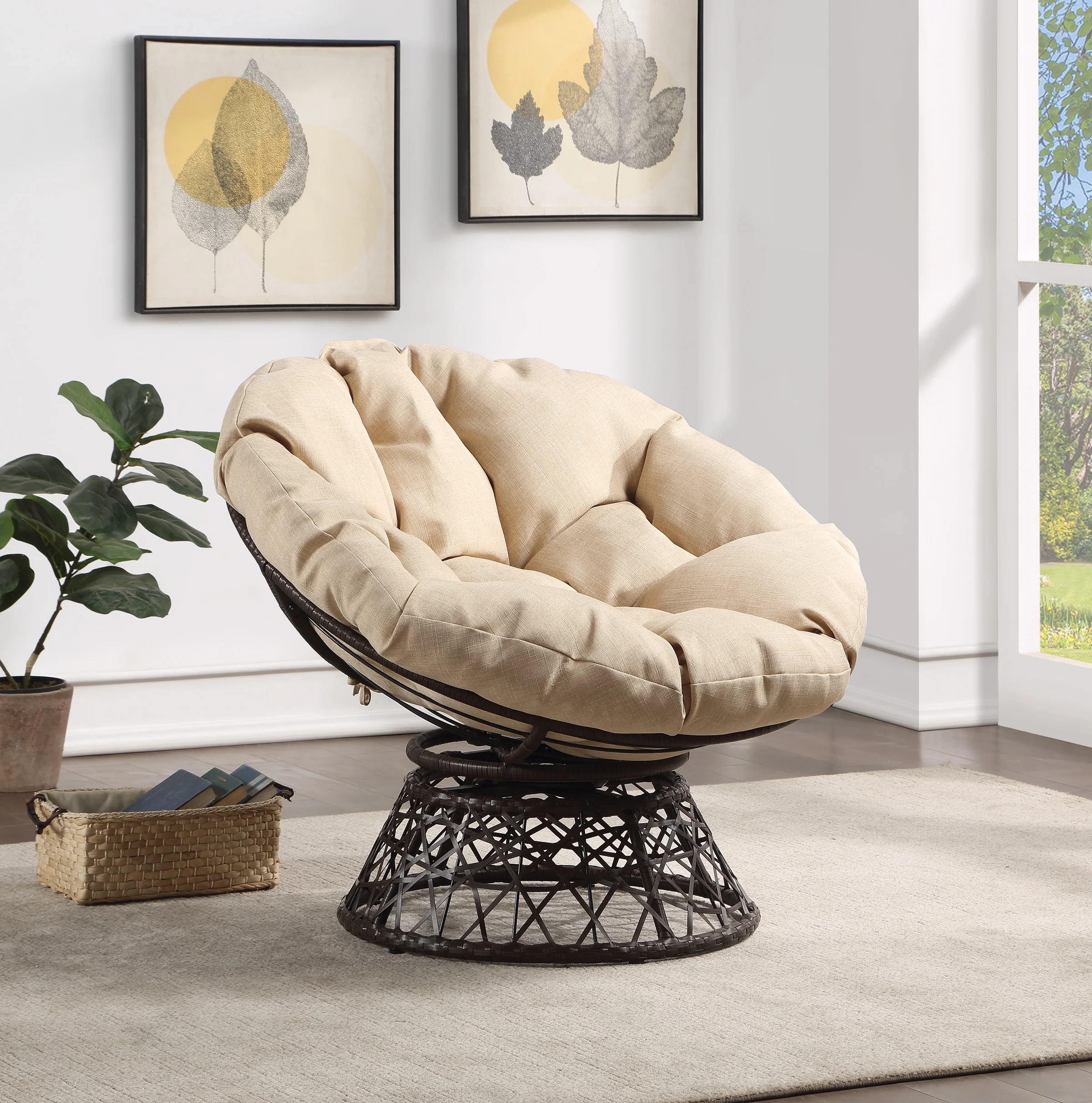 OSP Home Furnishings Papasan Chair with Cream Round Pillow Cushion and Brown Wicker Weave
