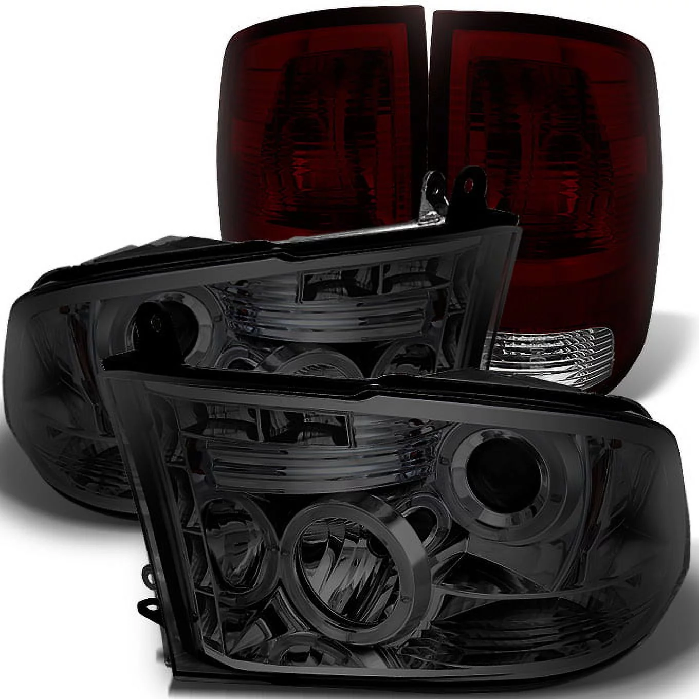 AKKON - For Dodge Ram 2009-2018 1500 | 10-18 2500/3500 Smoked Halo Projector LED Headlights + Dark Red Tail Light Combo