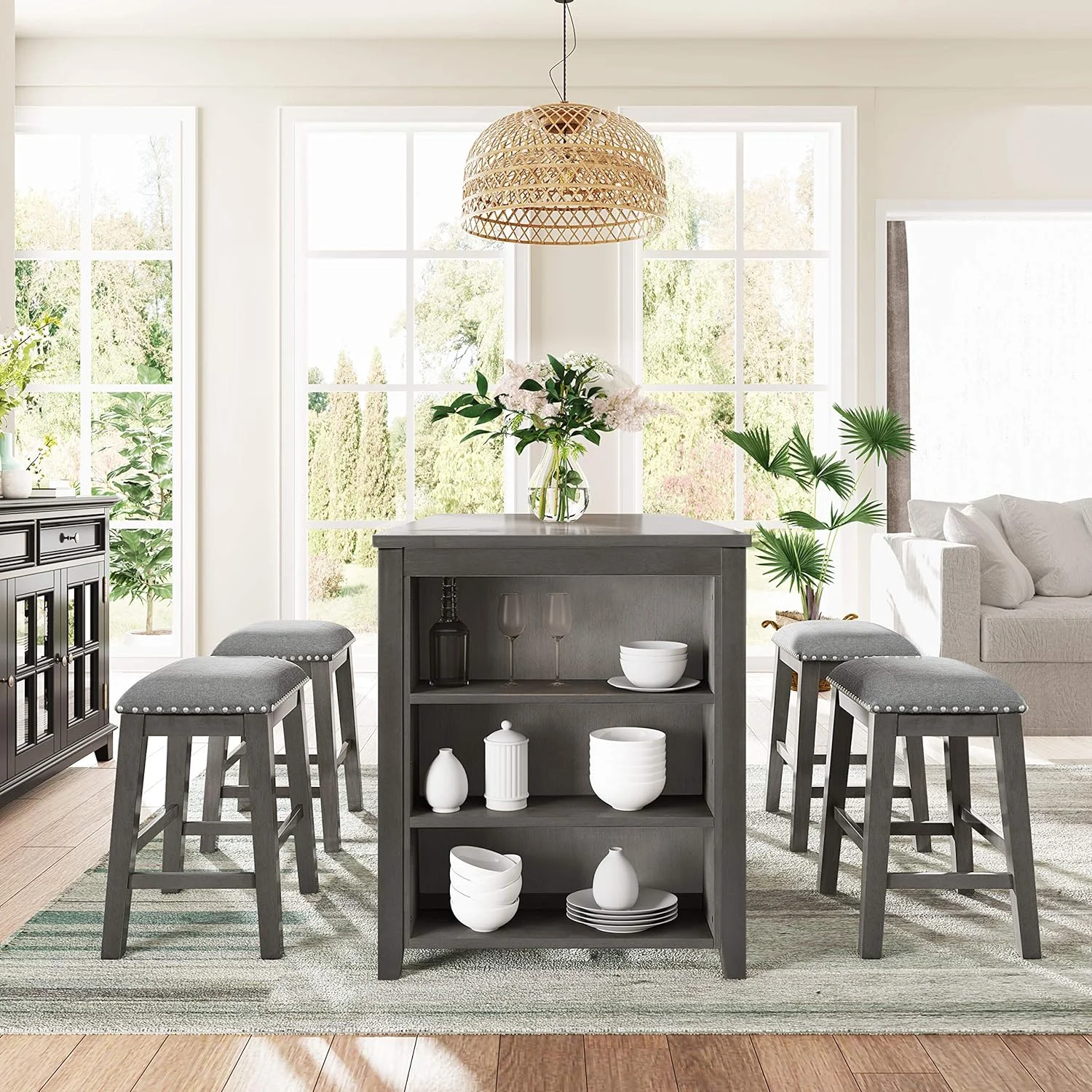 5 Pieces Counter Height Wooden Bar Table Set With 3-Tier Shelf And 4 Stools, Rustic Farmhouse Dining Table Set For 4, Gray