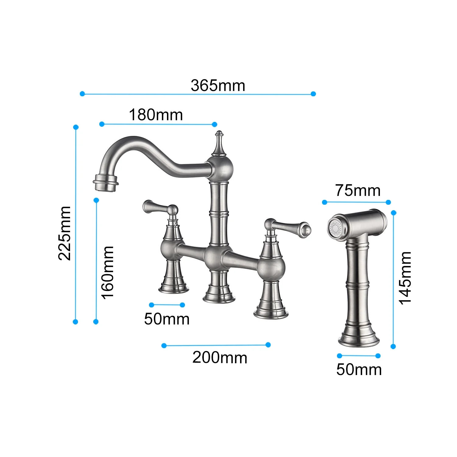 DremFaryoyo Bridge Dual Handles Kitchen Faucet With Pull-Out Side Spray in