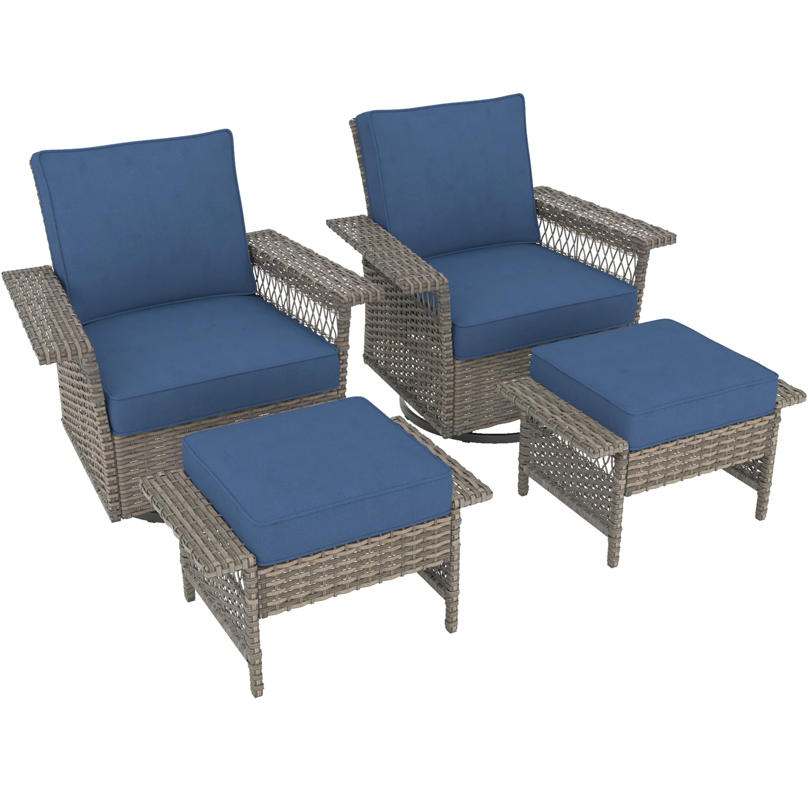 Buenhomino 4-Piece Outdoor Conversation Sets, 2pcs Wicker Swivel Gliders with 2pcs Ottomans, Patio Seating Furniture with Navy Cushions, Grey Wicker