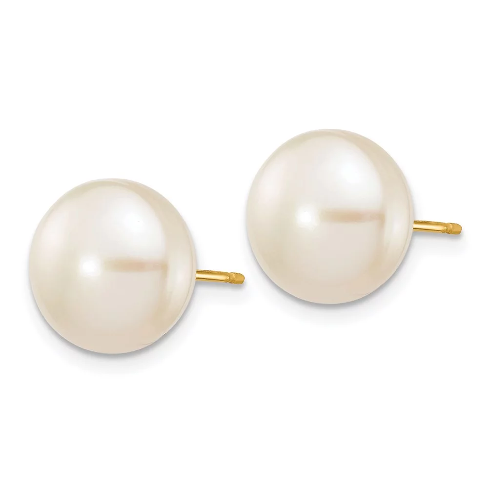 Real 14kt Yellow Gold 10-11mm White Button Freshwater Cultured Pearl Stud Post Earrings; for Adults and Teens; for Women and Men