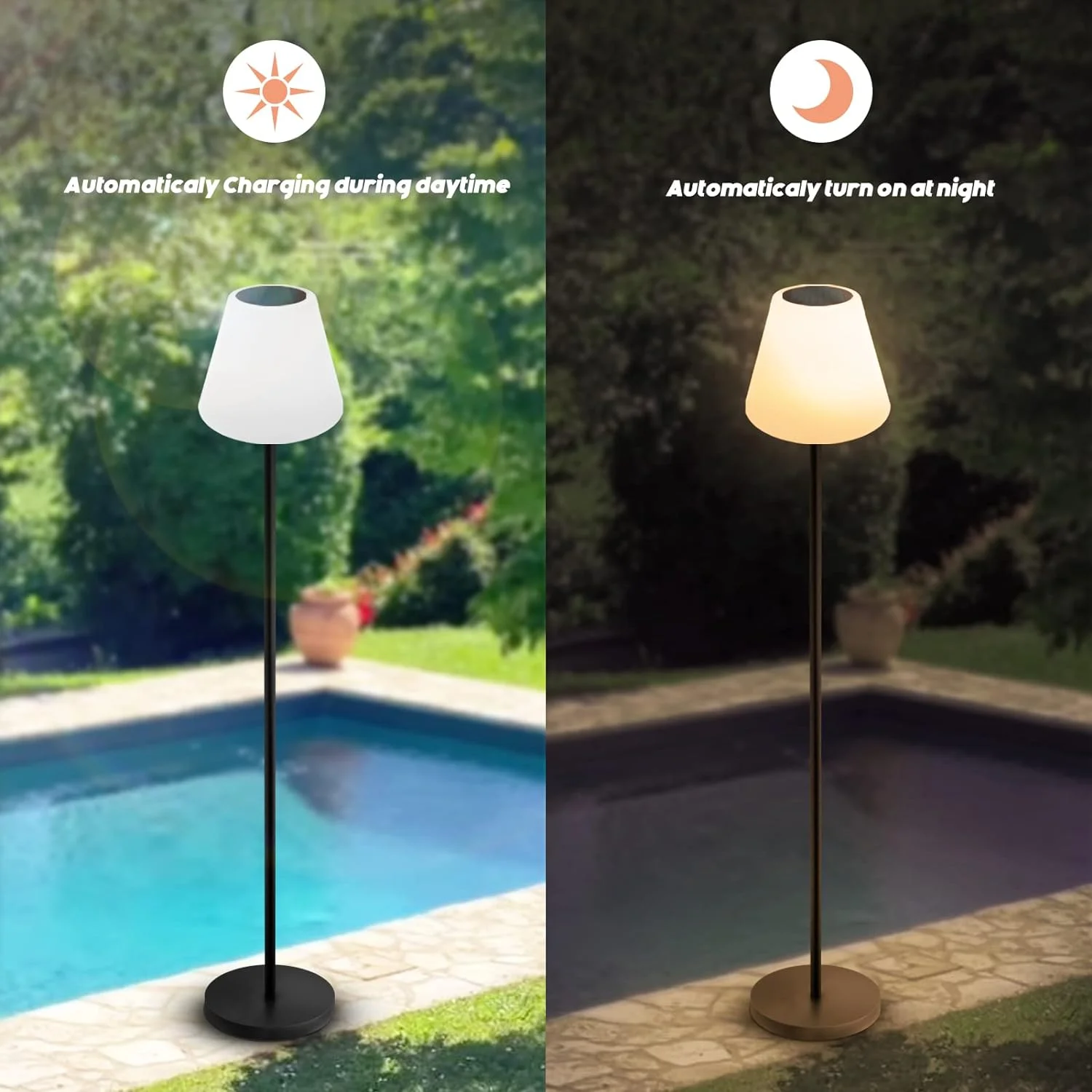 Outdoor Floor Lamp Solar Powered Outdoor Lamps for Patio Waterproof Rechargeable Cordless Solar Floor Lamp with Light Sensor Dimmable RGB Color LED + Height Adjustable for Lawn Yard Indoor