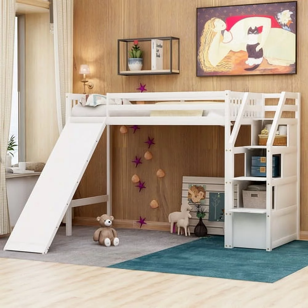CHURANTY Twin size Wood Loft Bed with Slide and Storage Stairs,White