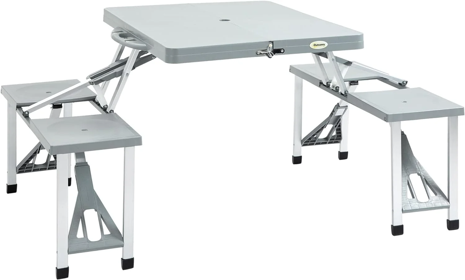 Folding Picnic Table with Seats and Umbrella Hole, Portable Camping Chairs Set, 4-Seat, Aluminum Frame, Gray