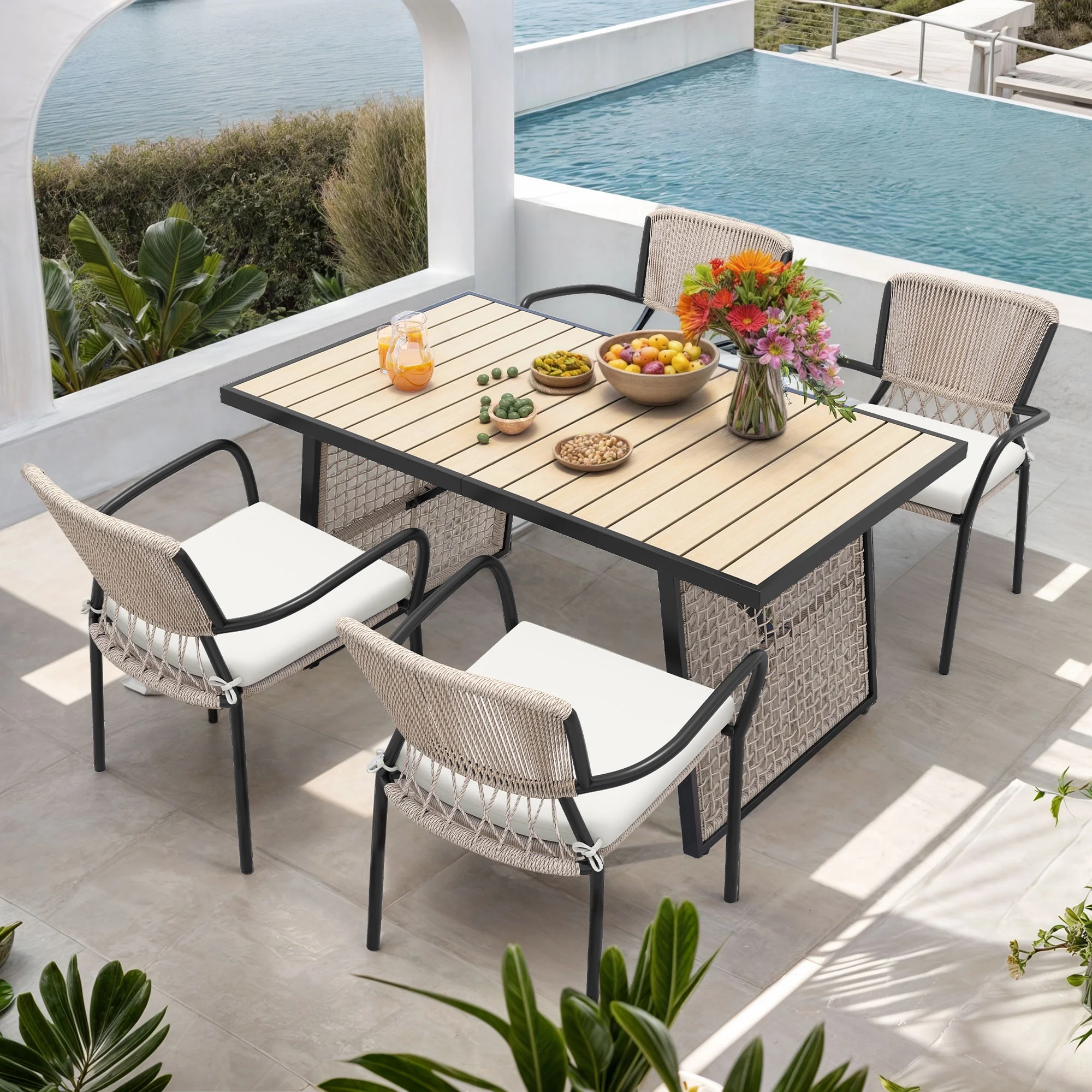 ModFusion Patio Outdoor/Indoor Dining Table 4-6 Persons Capacity, Rectangular Table with Faux Wood Tabletop, Black & Light Brown