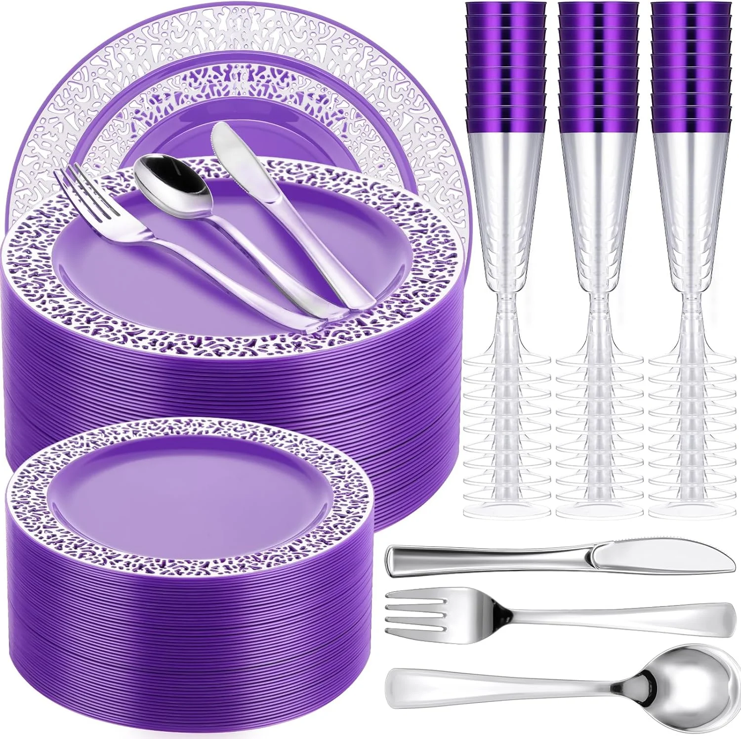MINGFENG 300 Pieces Disposable Plastic Dinnerware Set, 100 Plastic Plates, 50 Champagne Flutes, 150 Knives, Forks and Spoons for 50 Guests Wedding Party Supplies (Purple)