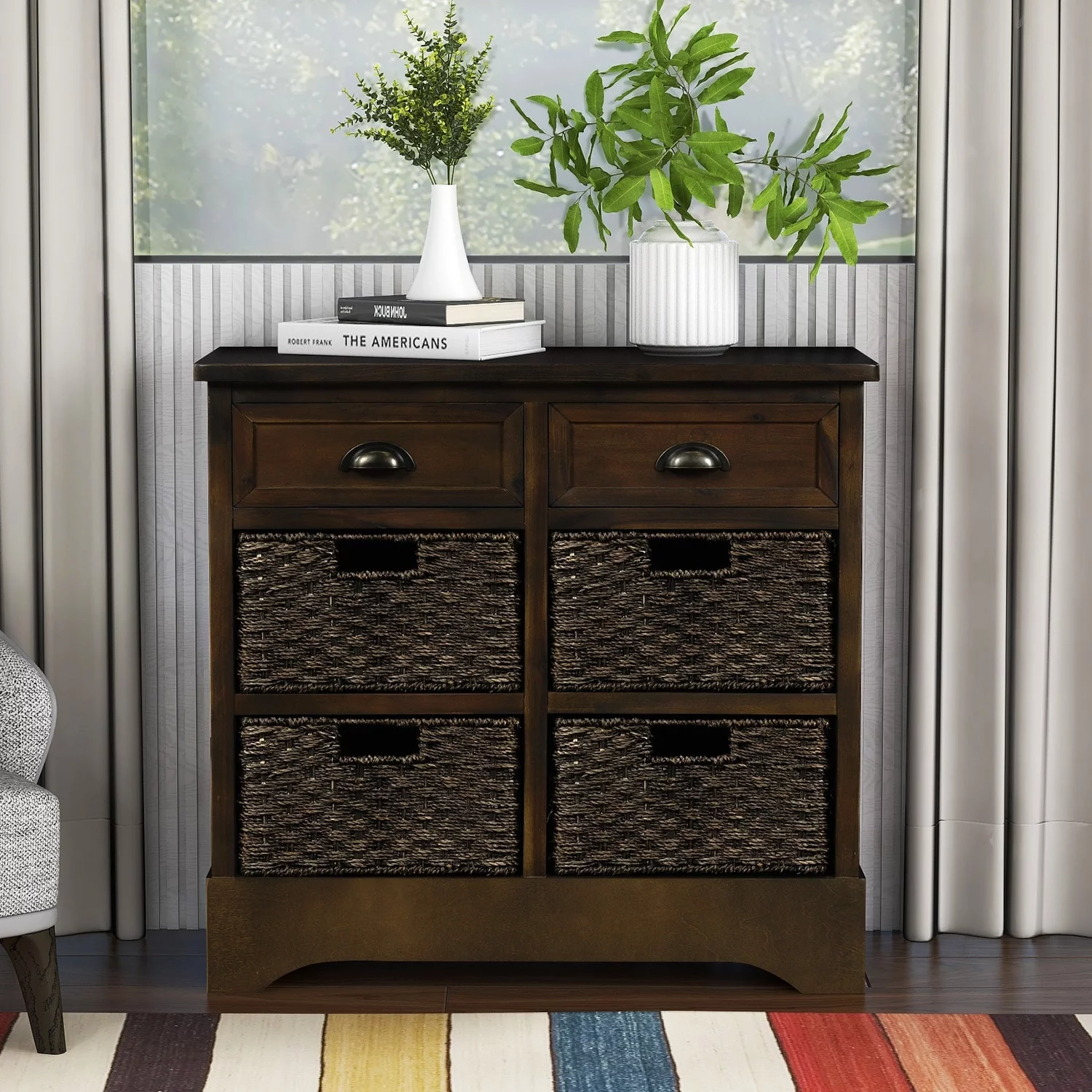 Rustic 2-drawer Storage Cabinet w/ 4 Wicker Baskets Espresso