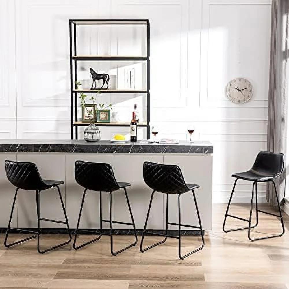 GVJMTKP Industrial Faux Leather  Stools Set of 4 Urban Armless Dining Chairs with Metal Legs Modern Quilting Counter Height Barstools for High Desk Home Office Restaurants 24" Black