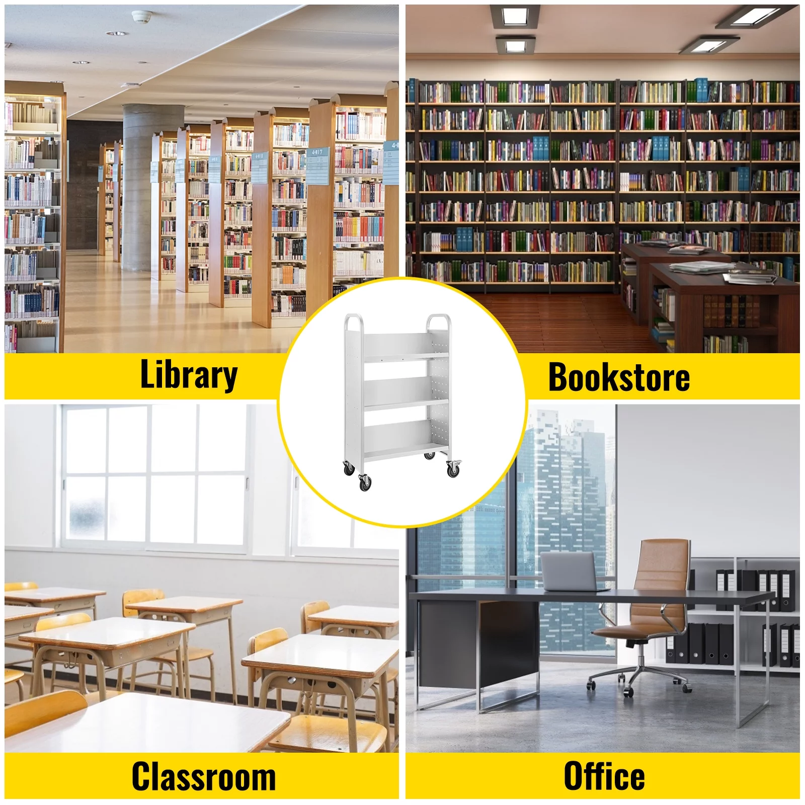 BENTISM Book Cart Library Cart 200 lbs Capacity with V-Shaped Shelves in White