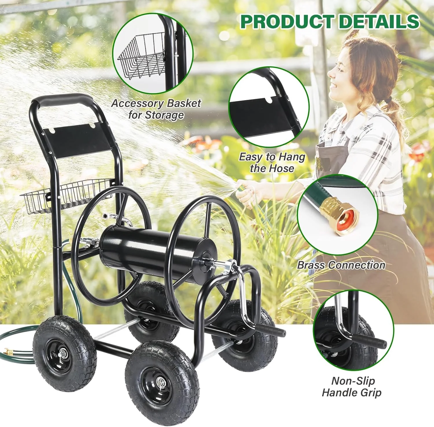 Garden Hose Reel Cart, Lawn Water Planting Cart with Wheels, Heavy Duty Outdoor Yard Water Planting Truck Holds 300-Feet of 5/8-Inch Hose with Storage Basket for Patio Farm(Black)