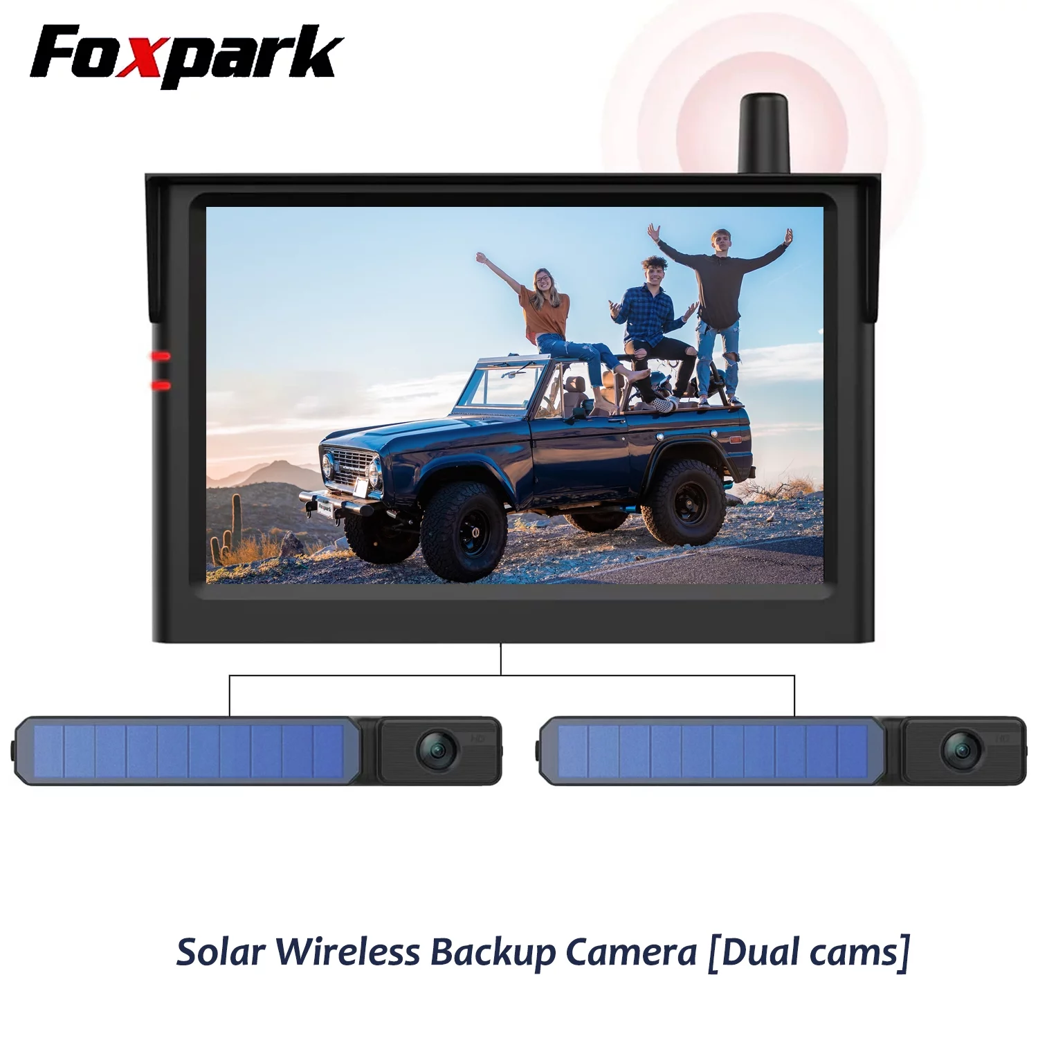 Foxpark Solar RV Backup Camera Reverse Camera with Dual Camera for Campervans, 1080P Rear View Back Up Dual Camera System for Five-Wheeled Trailer Motorhome
