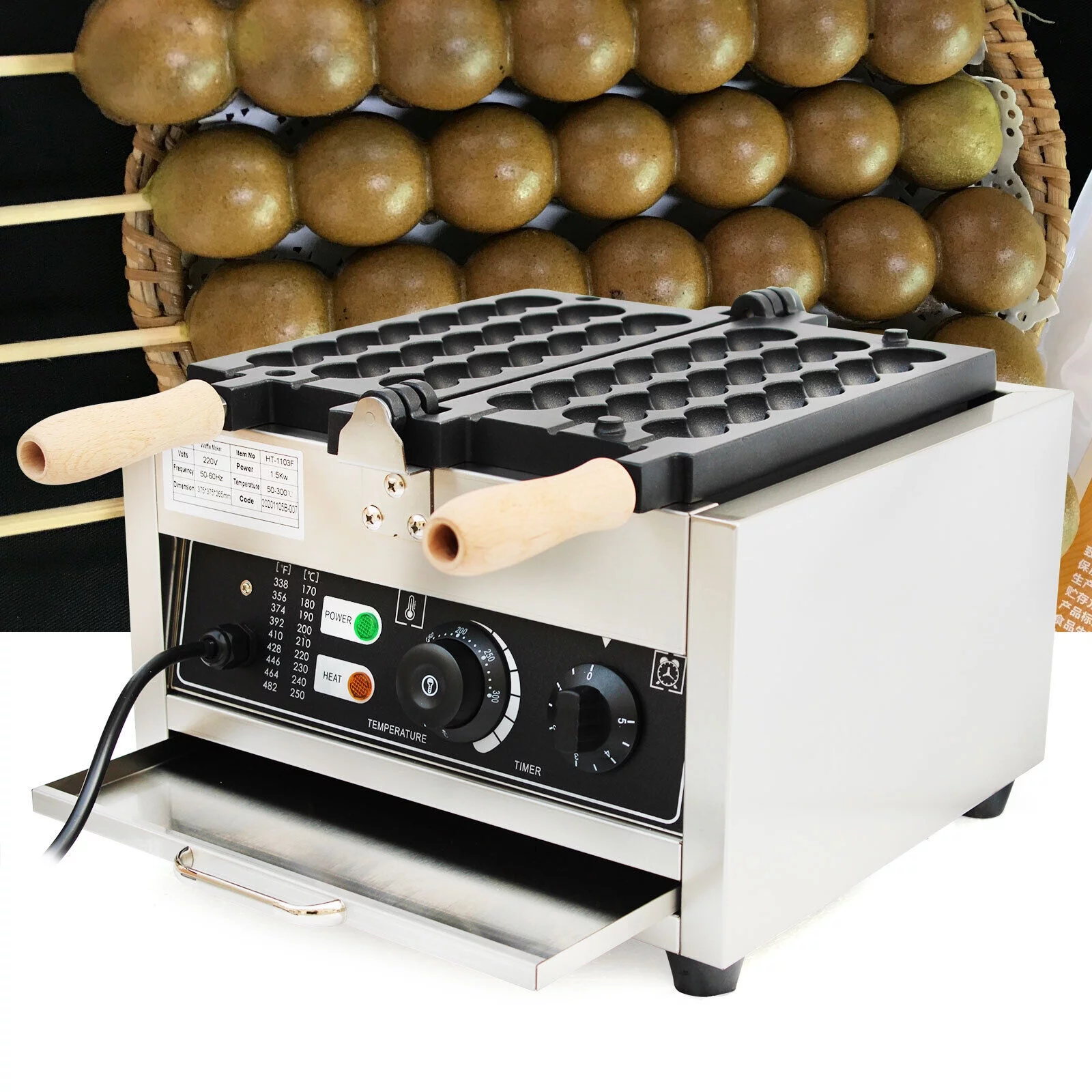 Miumaeov Commercial Waffle Maker Mini Non-Stick Dutch Pancake Baker 1500W Electric Bubble Skewer Waffle Bites Ball Machine