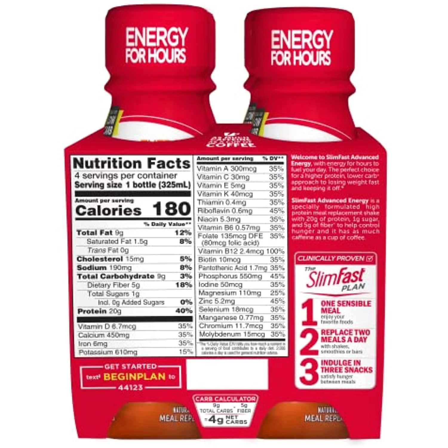 Slimfast Advanced Energy High Protein Meal Replacement Shake, Caramel Latte, 20G Of Ready To Drink Protein With Caffeine, 11 Fl. Oz Bottle, 4 Count (Pack Of 3)