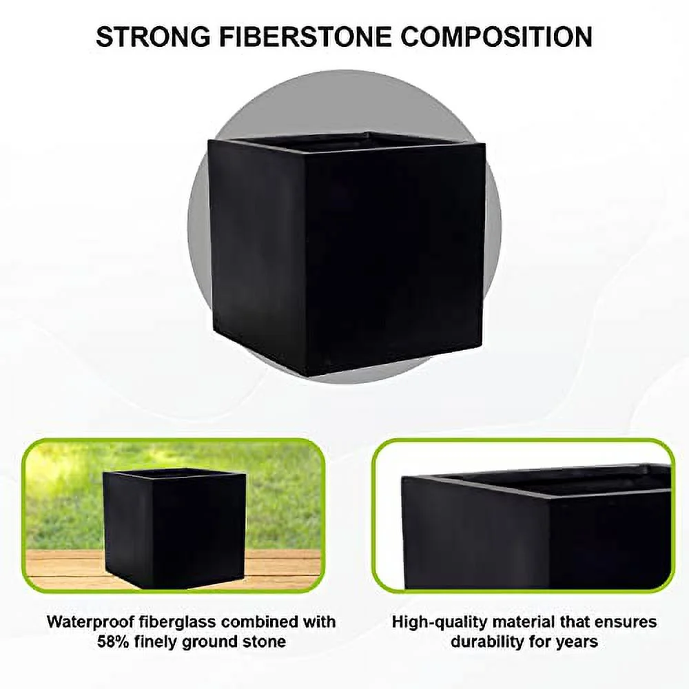 Pottery Pots Elegant Modern Fiberstone Cube Planter Black Pot Indoor Outdoor - 12