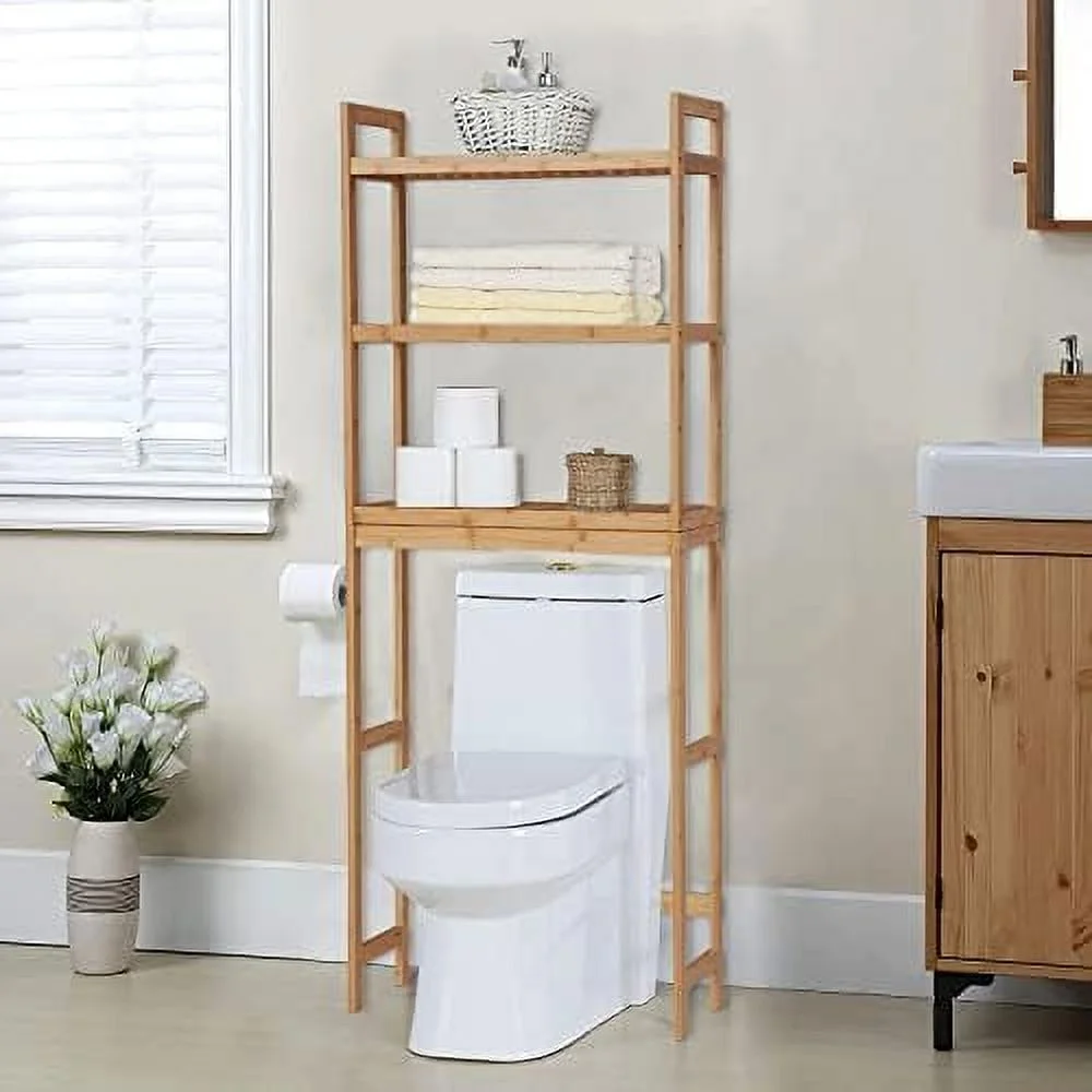 SQWCFD Over The Toilet   - 3-Tier  Bathroom Space Saver with Shelves and 6 Hooks Organizer Rack  Natural