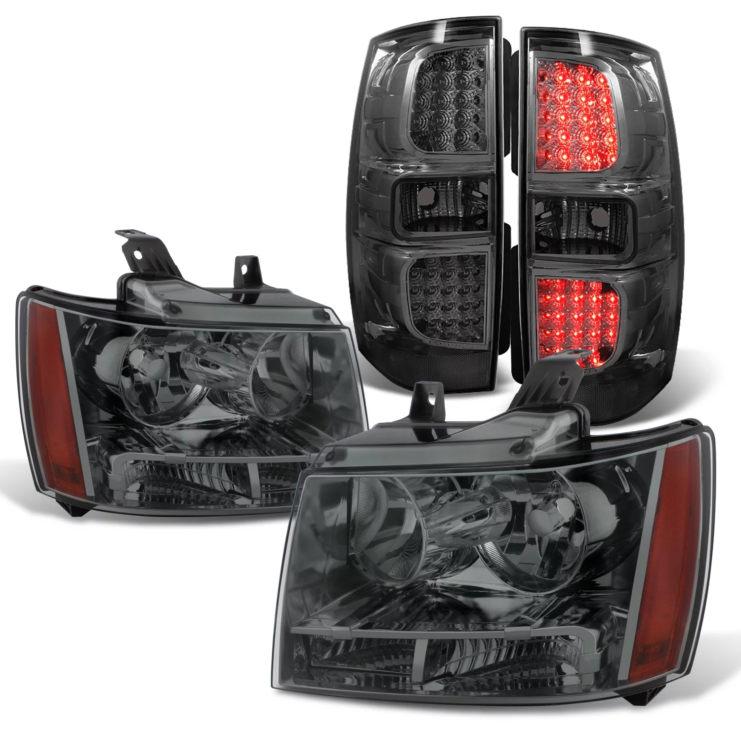 AKKON - For 07-14 Chevy Suburban 1500 2500 Tahoe Smoked Lens Headlights + LED Smoked Tail Lights