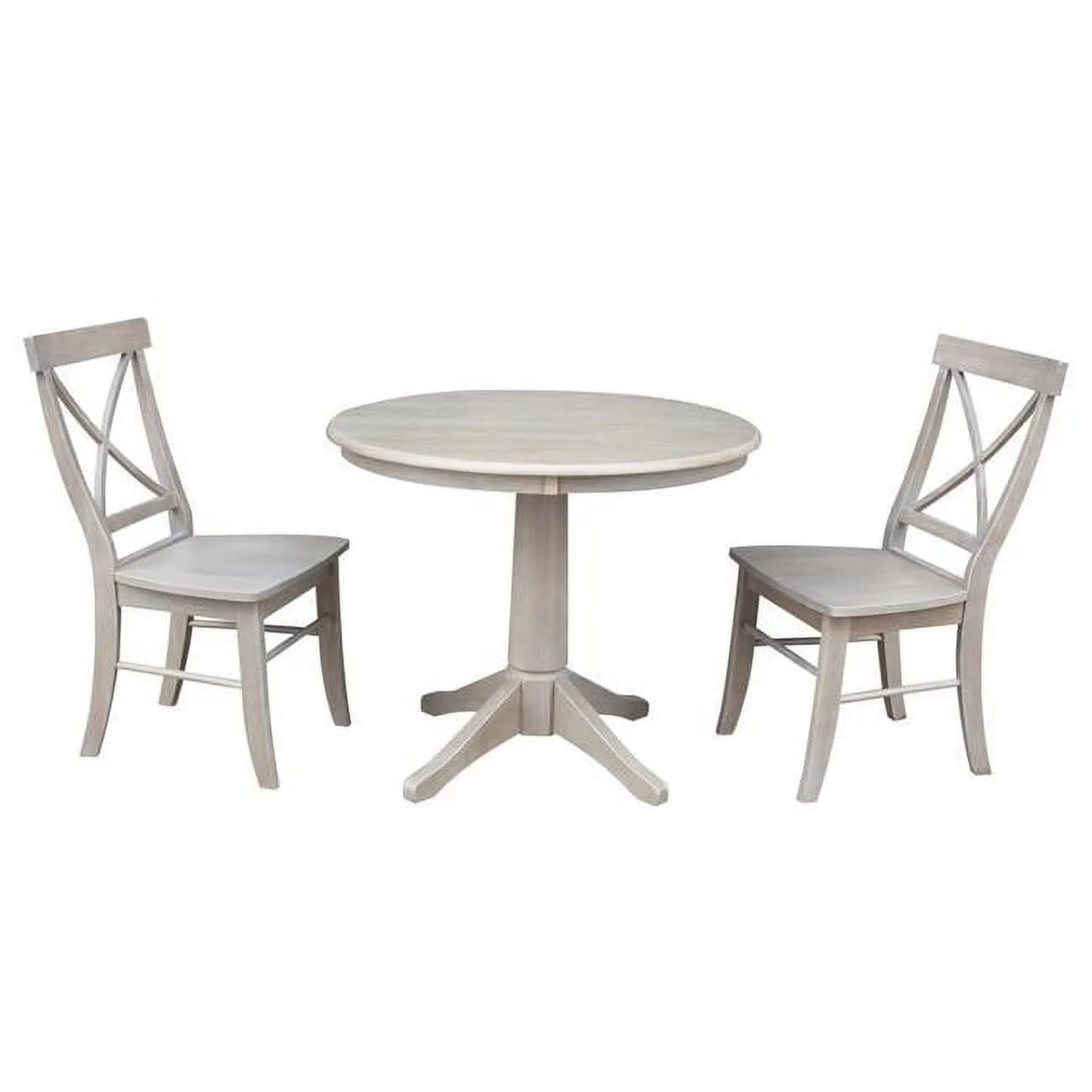 36 x 36 in. Round Top Solid Wood Pedestal Dining Table & 2 X-Back Chairs  Washed Gray Taupe - Set of 3
