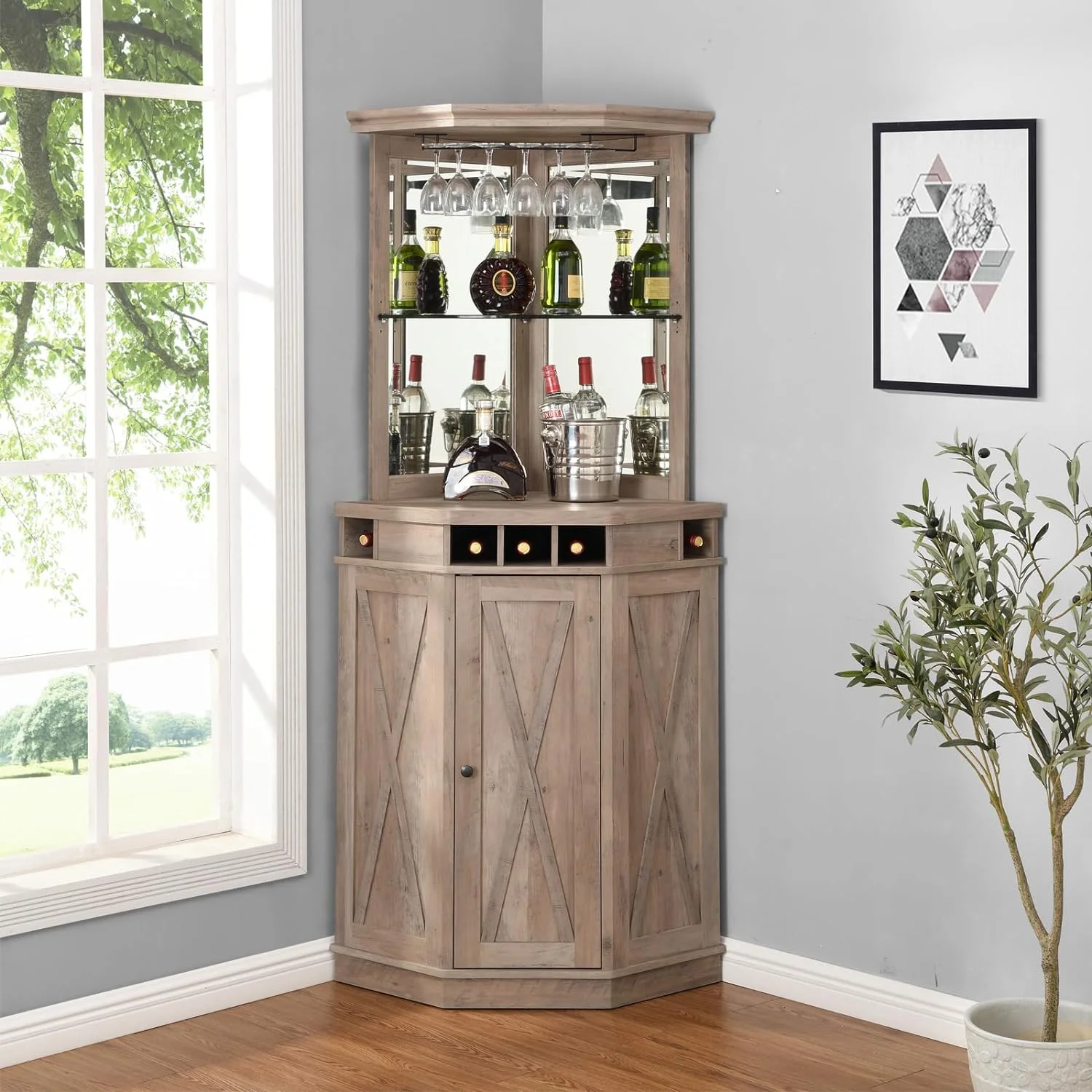 Tall Corner Storage Cabinet With Wood Doors, Wine Rack, Liquor Glass Holder, Glass Design Large Rustic Bar Hutch For Living Room, Home Office, Kitchen, Small Space, Stone Grey