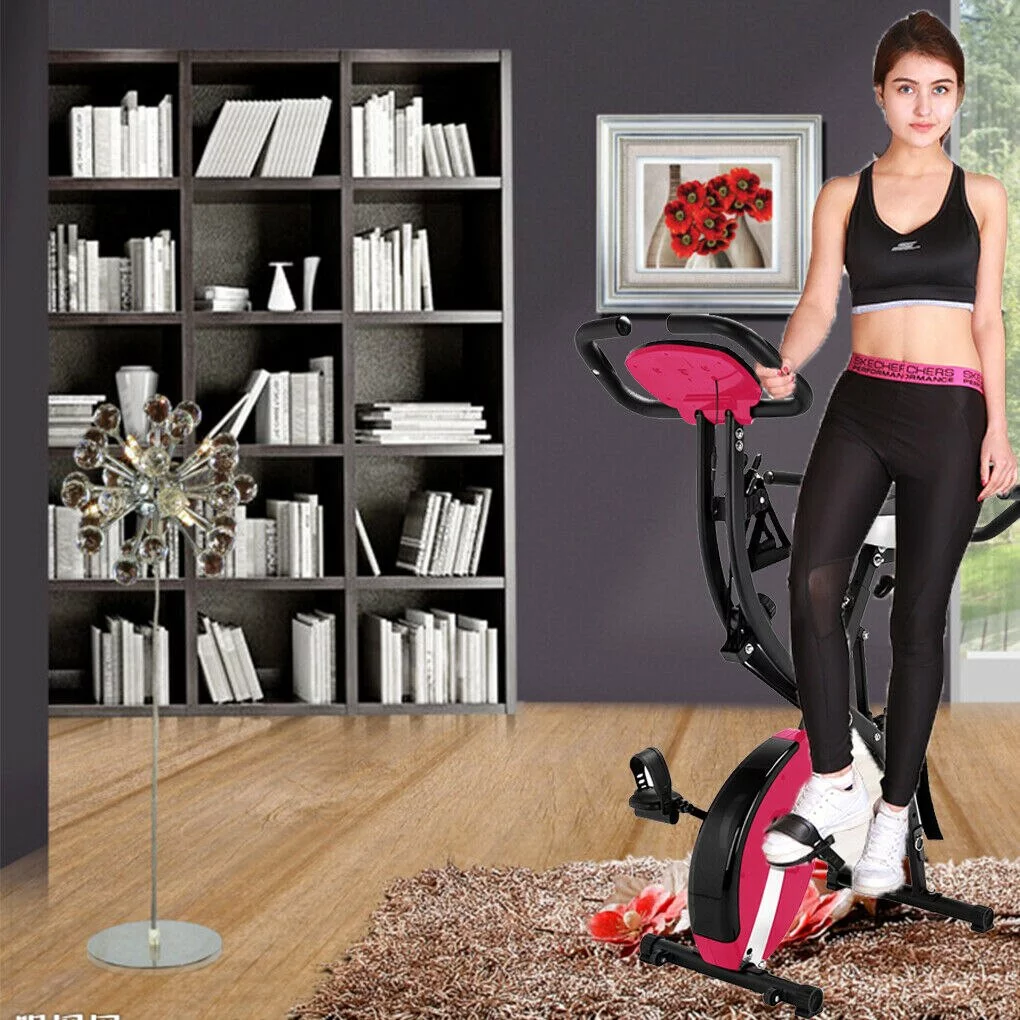 Folding 3 in 1 Adjustable Exercise Bike LCD Monitor Total Body Workout Exercise Upright Bike High Backrest Resistance Bands With Arm & Leg for Indoor Workout Cycling Sport-Pink