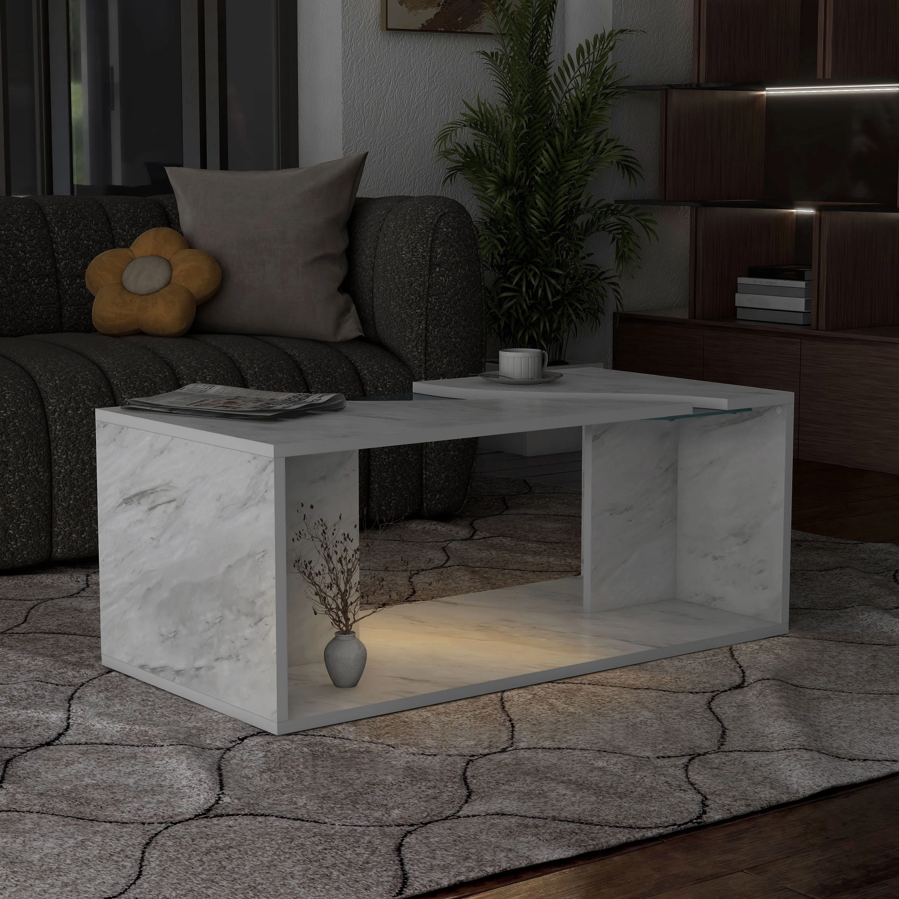 Lumis Indoor Modern White Marble Coffee Table with RGB LED Light for Living Room by Furniture of America