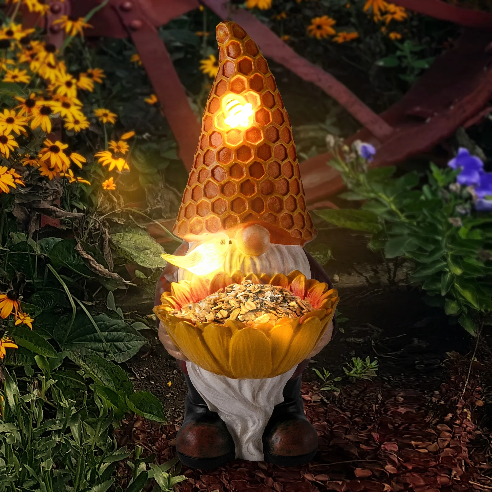 Garden Gnome Birdbath for Outdoor Decor: Gnome Figurine with Sunflower Bird Feeder and Solar LED Light Waterproof Garden Sculpture for Yard Garden Lawn Outdoor Decorations