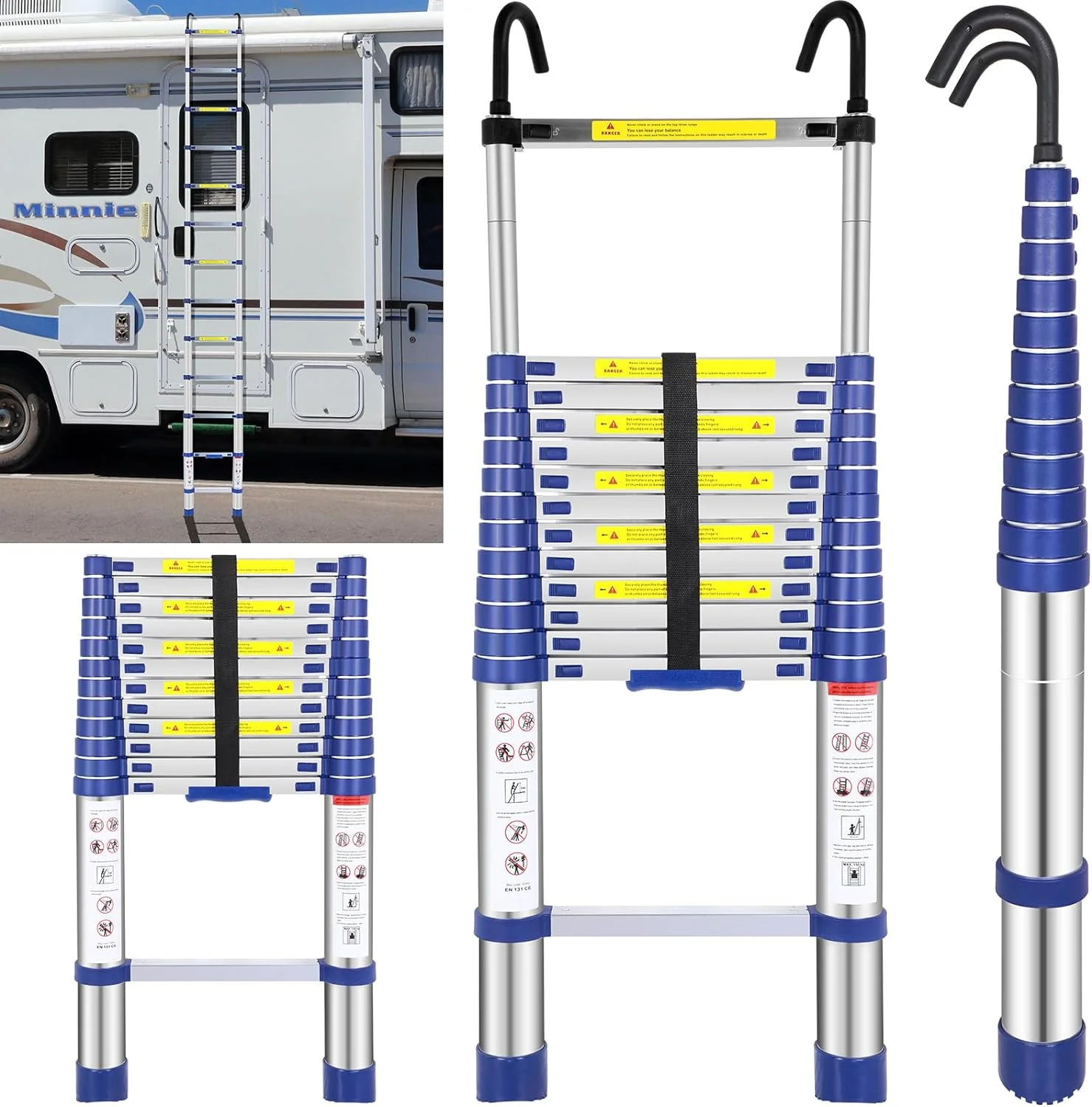 12.5FT Telescoping Ladder Aluminum Lightweight Extension Folding Ladder with Hook Multi-Purpose Collapsible Ladder, 330lbs Load Capacity, for Home, Office, RV, and Outdoor Work (Blue)