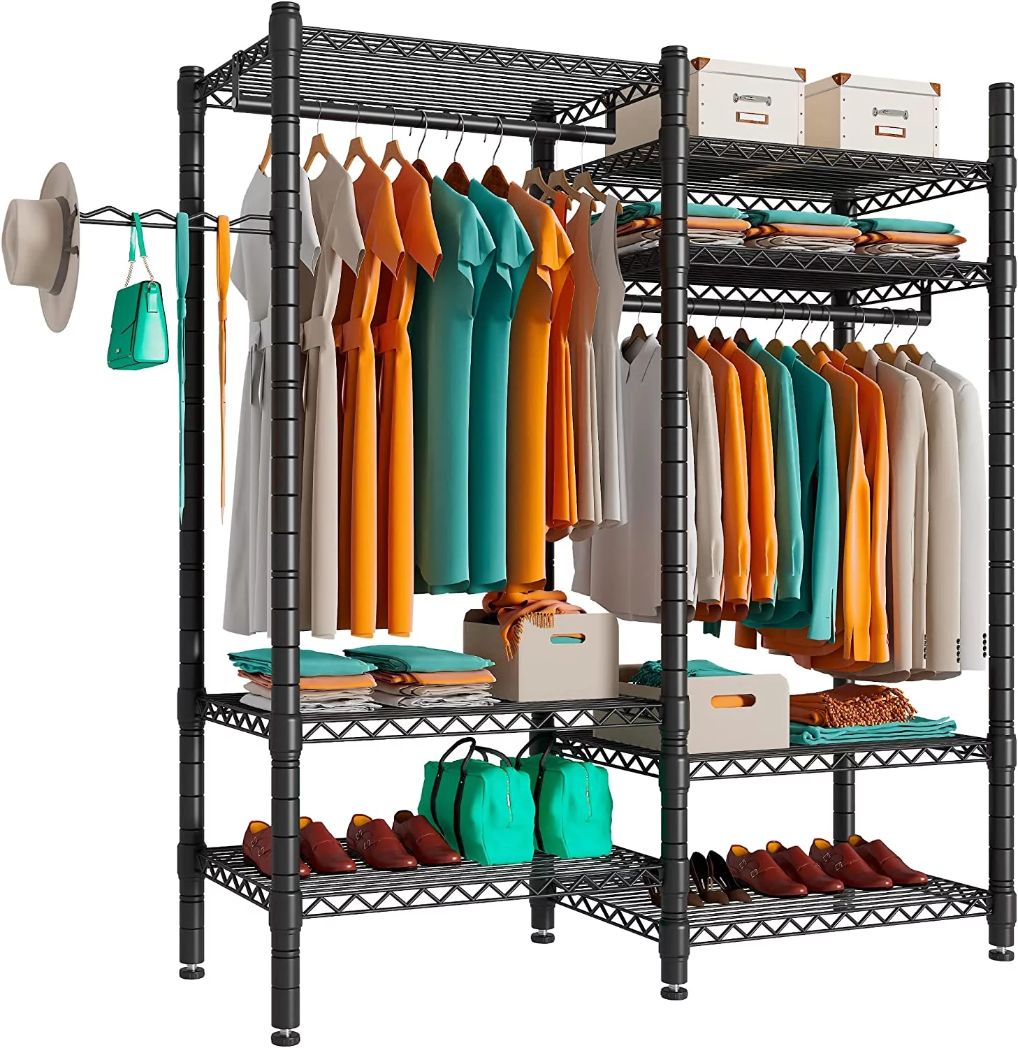 OUWI Clothing Rack 7 Tiers Heavy Duty Clothes Rack with 2 Hanging Rods, Wire Garment Racks for Hanging Clothes, Large Portable Metal Wardrobe Clothes, 48