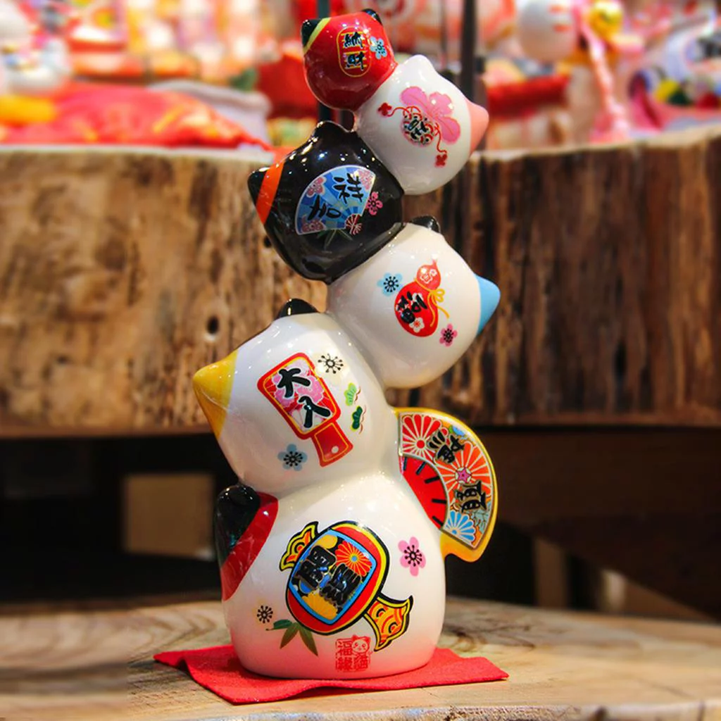 Chinese Cat Figurine Decoration Gift Opening Gift Shop Sculptures Stacked Cat Fortune Wealth Welcoming Cat Statue - White