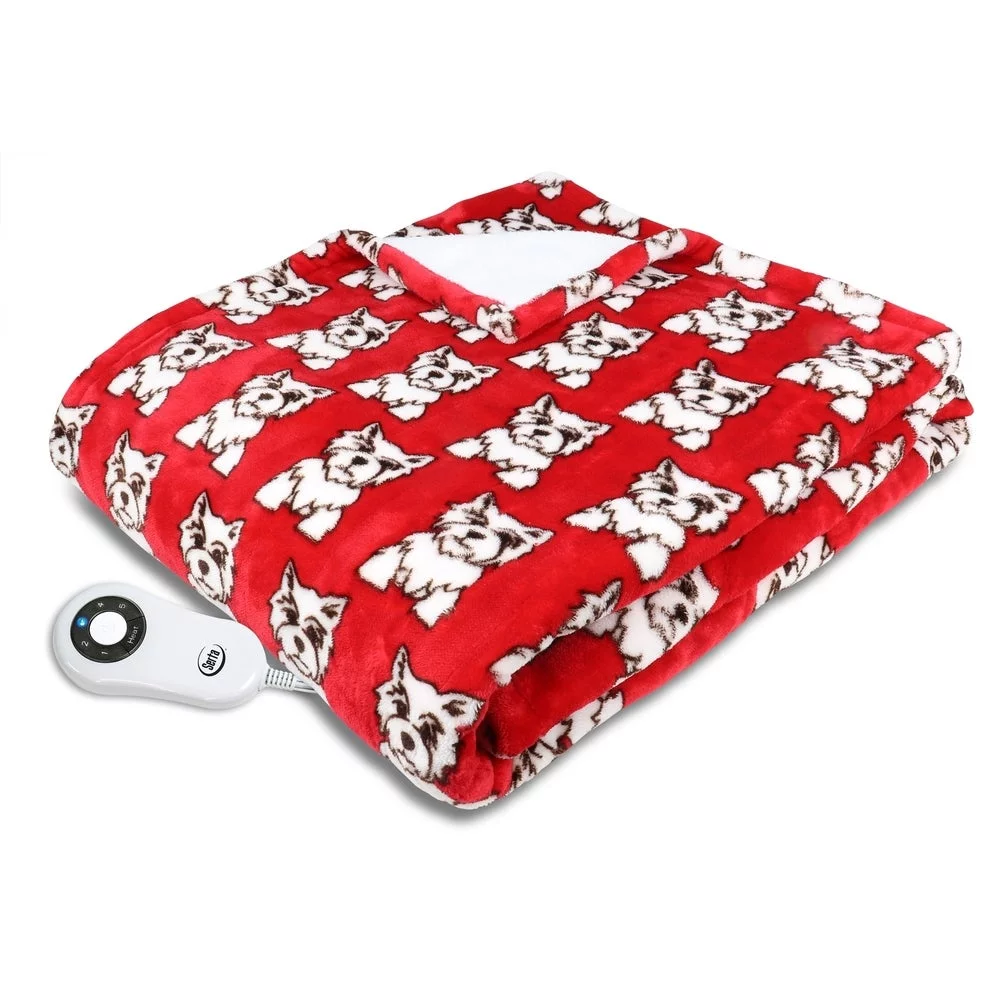 Serta Shiny Sherpa Electric Heated Warming Throw Blanket Dogs Red