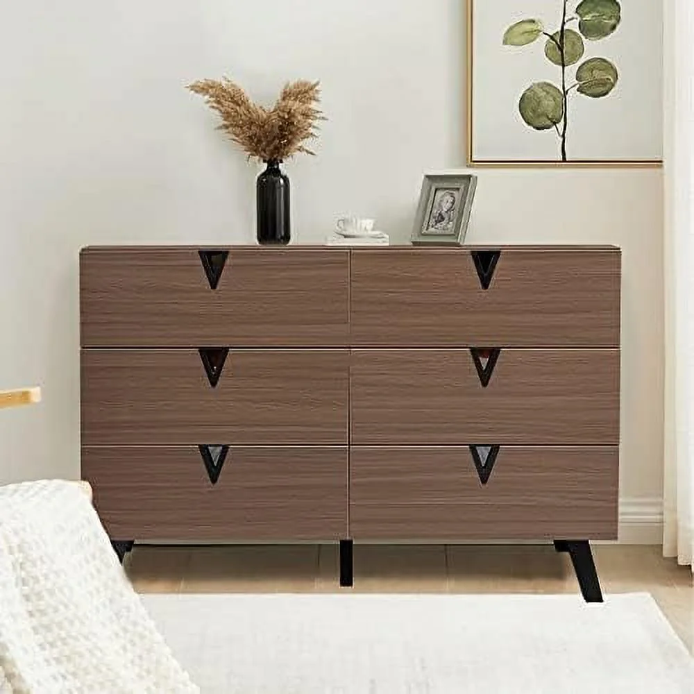 ZWNLKQG 6 Drawer Dresser  Mid-Century Modern Dresser Wide 6 Chest of Drawers  Wooden  Cabinet for Entryway  Bedroom  Living Room  Hallway
