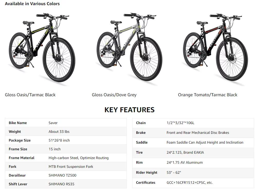 Vebreda 24 Inch 21 Speed Mountain Bike Boys Girls with Daul Disc Brakes and Front Suspension MTB，Gray