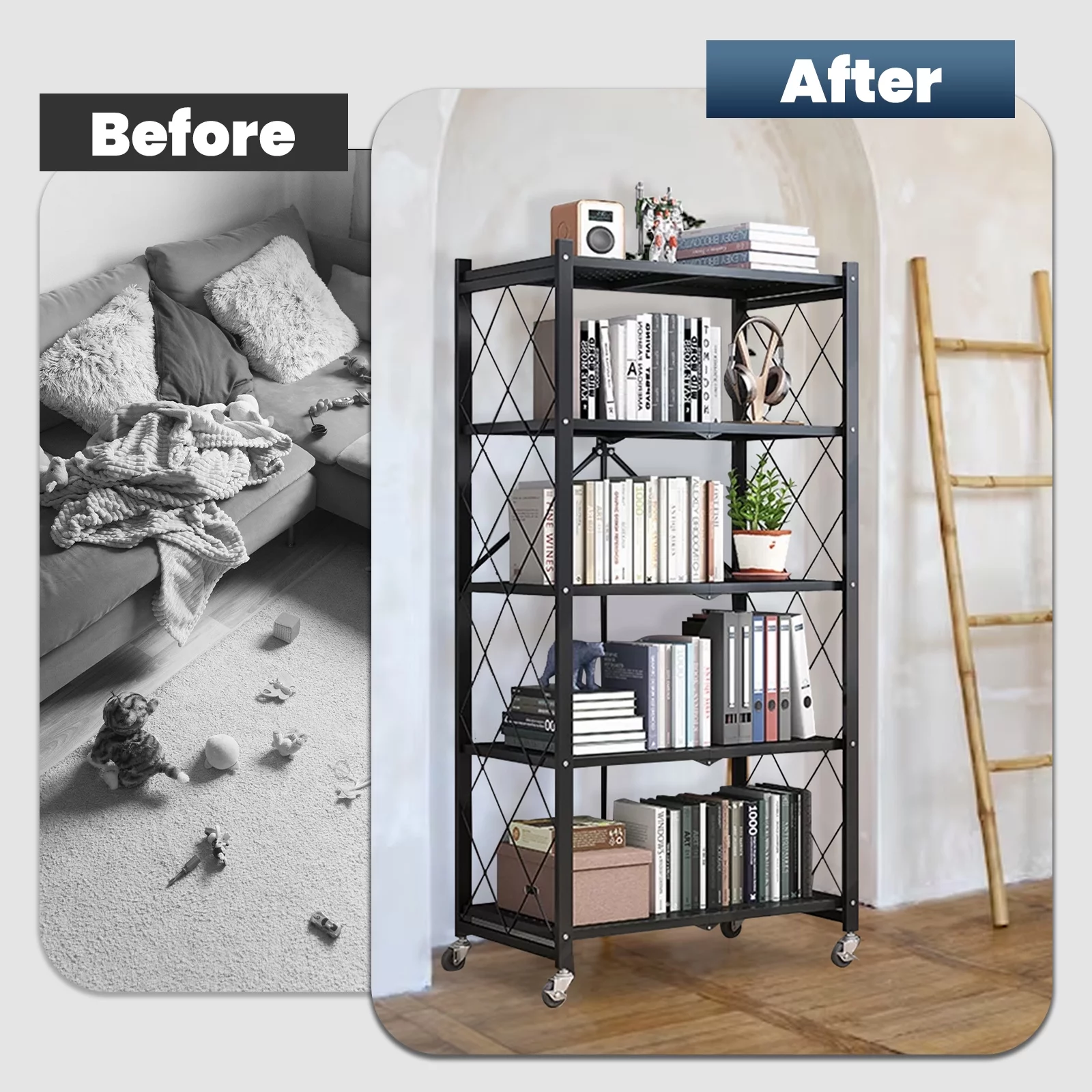 5-Tier 2 Pack Foldable Storage Shelf with Wheels, Heavy Duty Metal Shelf, Kitchen Shelving Units, 27.9