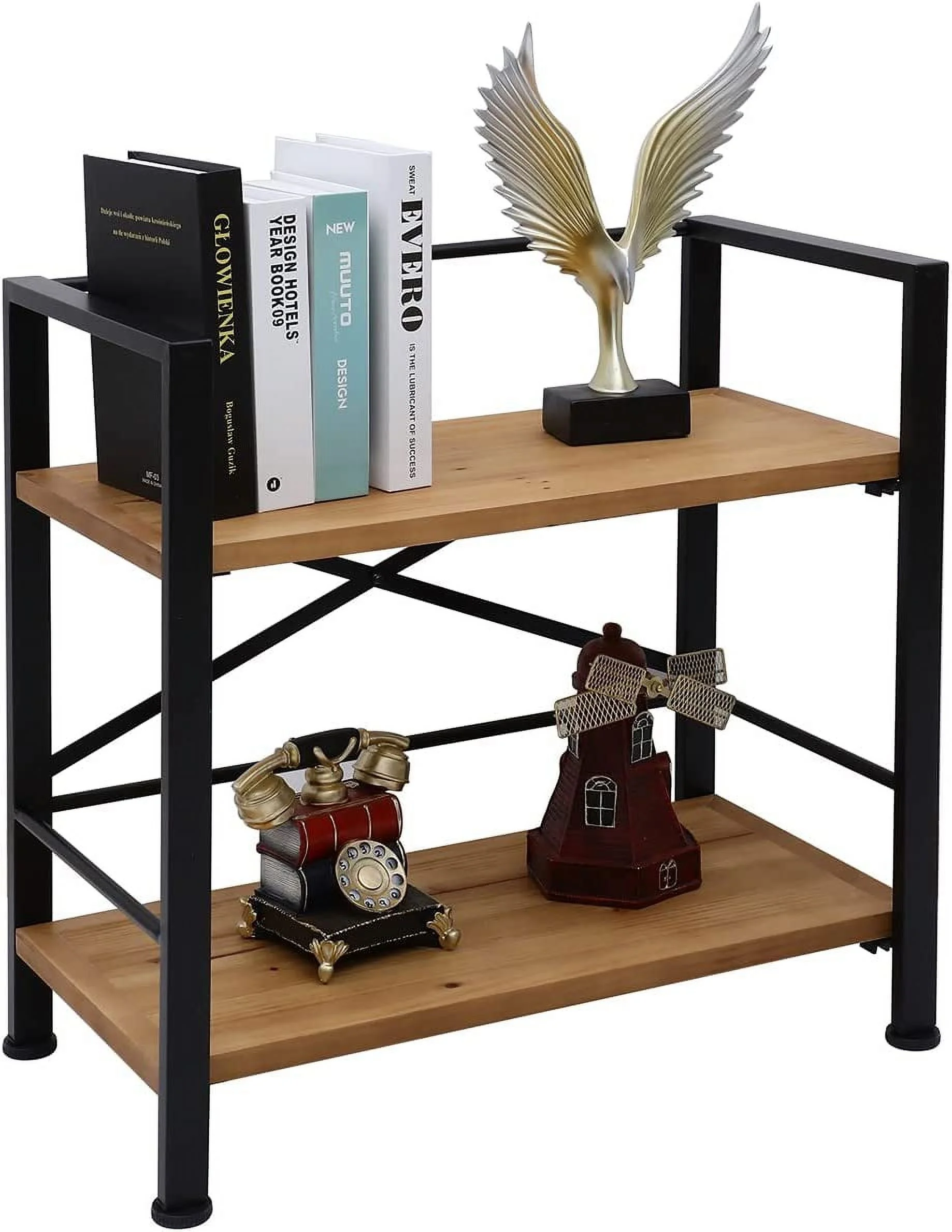 Rustic Bookshelf, 2 Tier Real Wood Bookshelf, Metal Book Shelf for Storage, Black Bookcase, 12.6