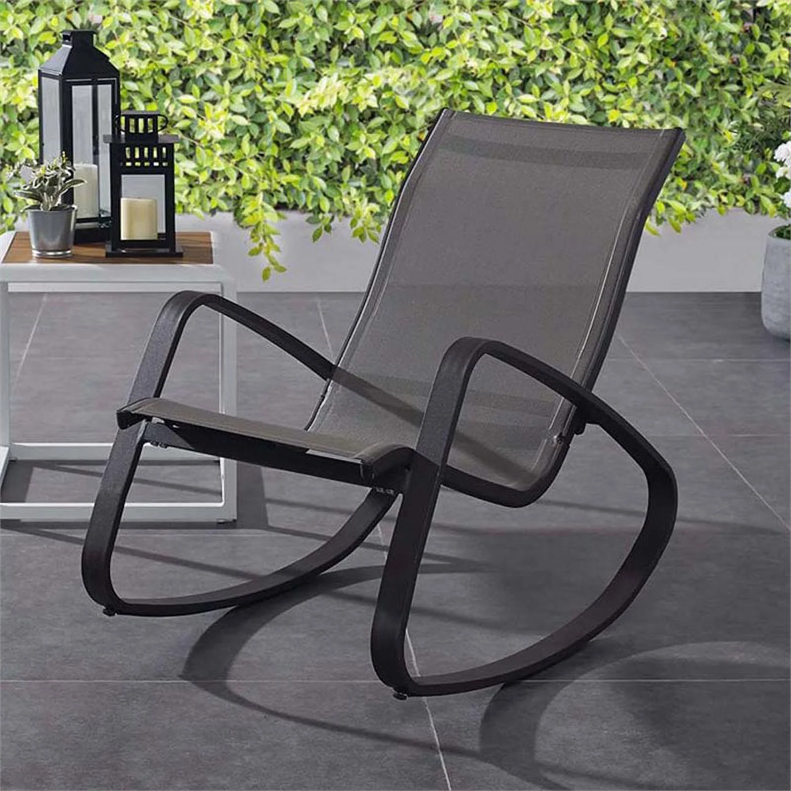Afuera Living Modern Mesh Sling Patio Rocker in Black Finish