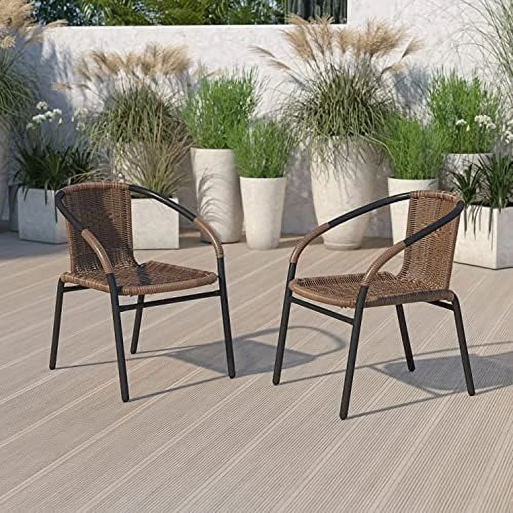 SQCFVGB 2 Pack Medium Brown Rattan Indoor-Outdoor Restaurant Stack Chair