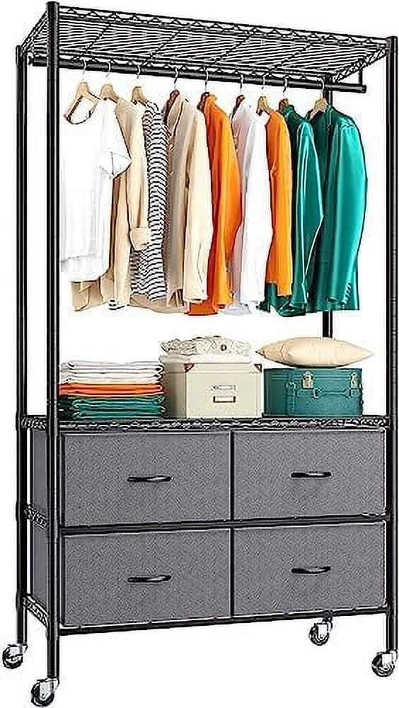 SQWDEC   Clothing Racks for Hanging  Heavy Duty Clothing Rack Adjustable Clothes Racks for Hanging Clothes Metal Wire Garment Rack with 4 Fabric Drawers Portable Closet Black