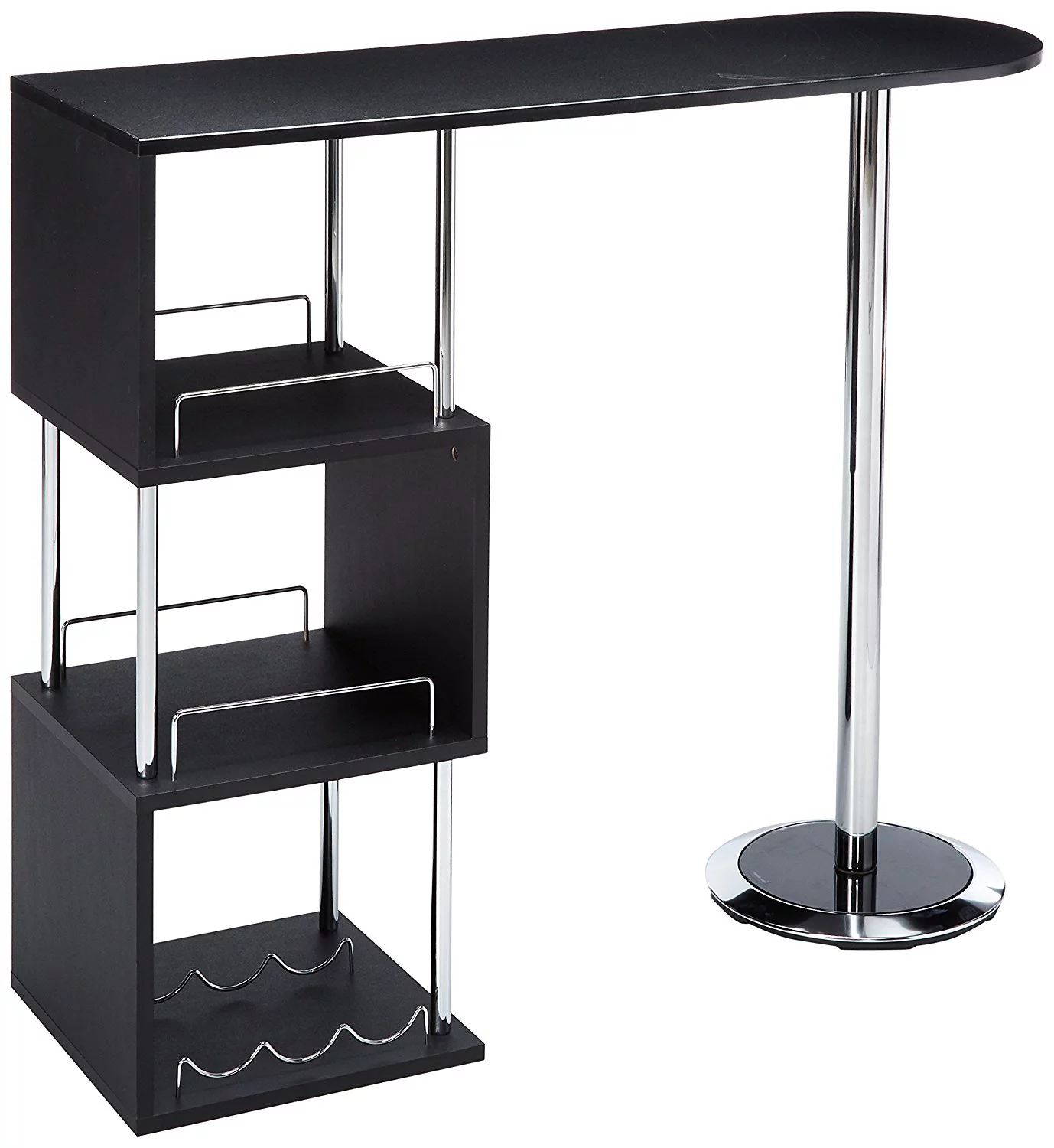Lapeer Modern Bistro Bar Table with Wine Rack, Black Wood & Chrome Metal