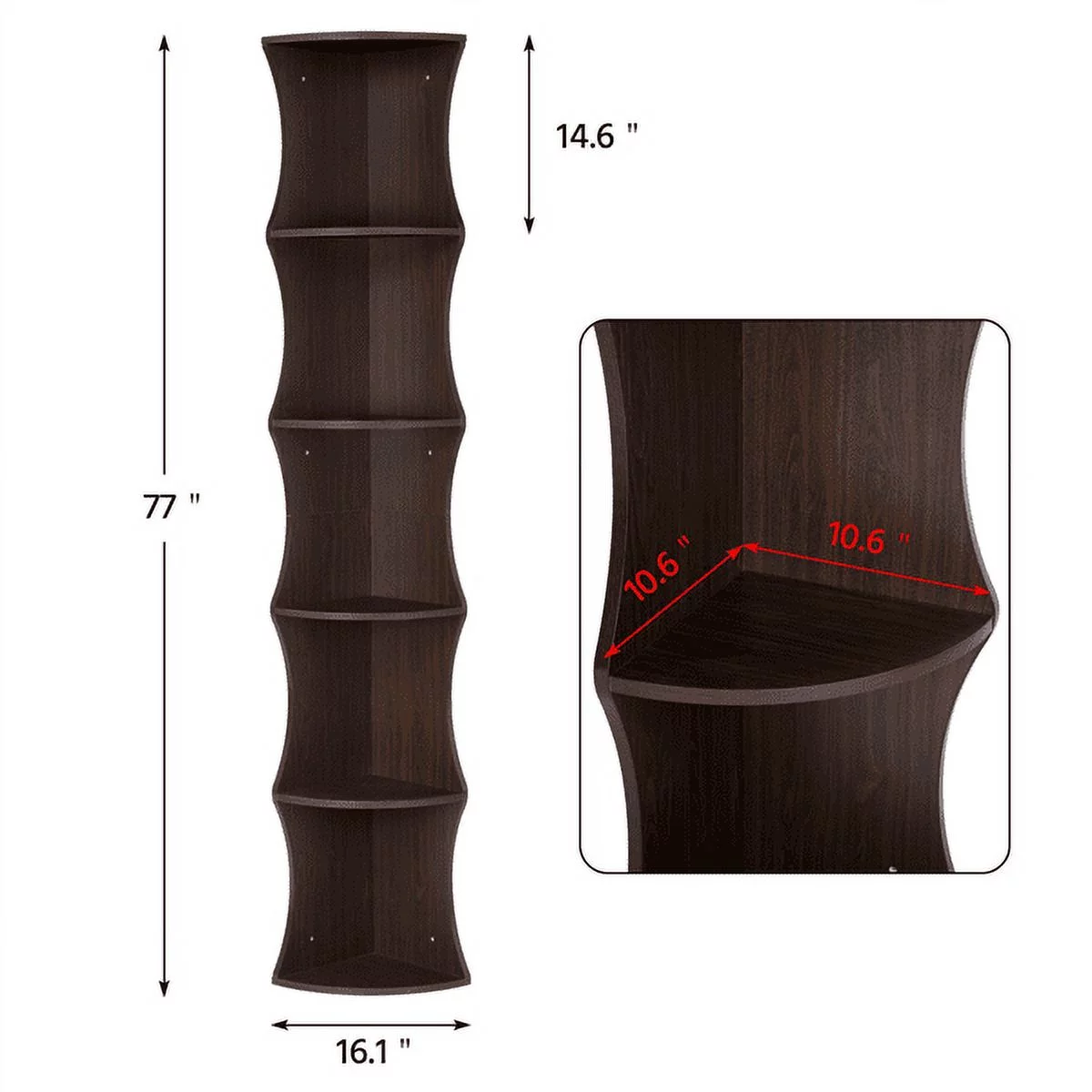 Yaheetech 5 Tier Brown Round Wall Corner Shelf Stand Storage Skinny Display Bookshelf Rack Casual Home Office   Furniture