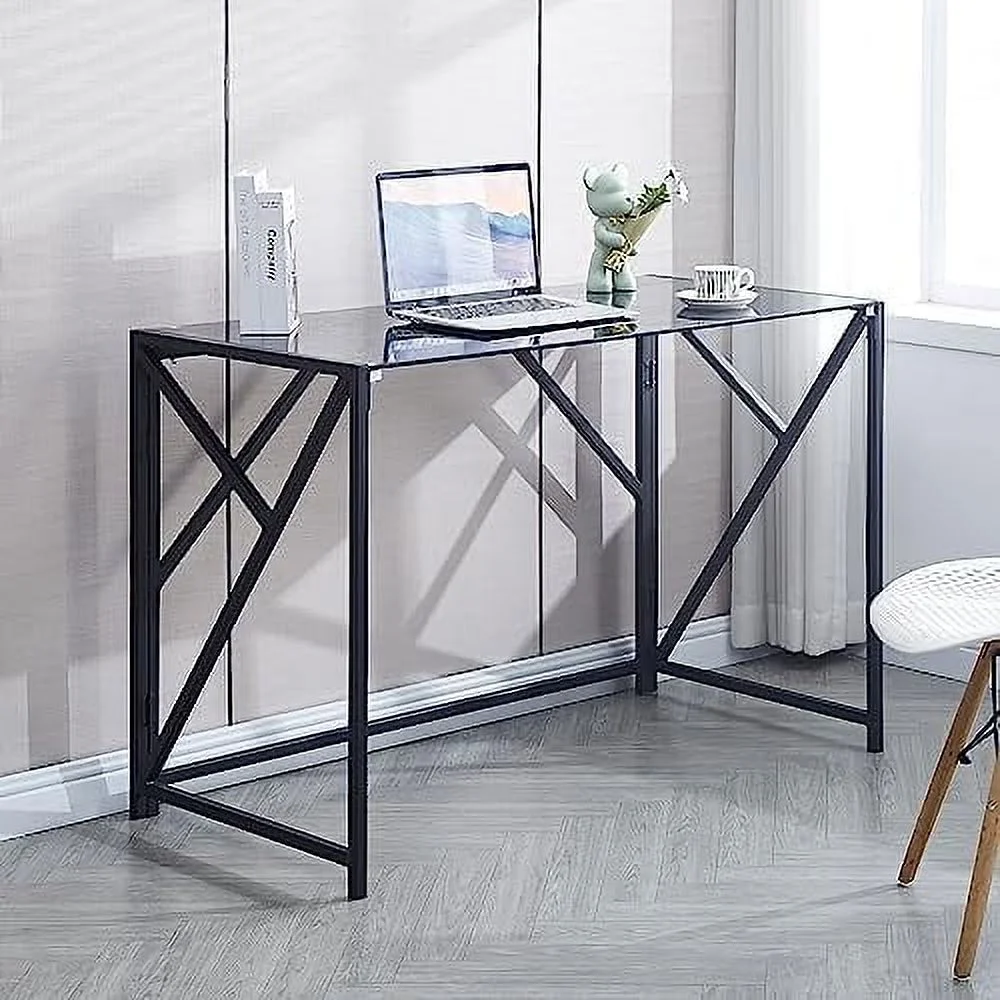 JDZHAPPYLIFE Modern Glass Computer Desk  Clear Study Table - Gaming Desks  Study Desk  and Workstation Table for Small Spaces - Stainless Steel Frame 43.5" x 21.7" x 29.9"