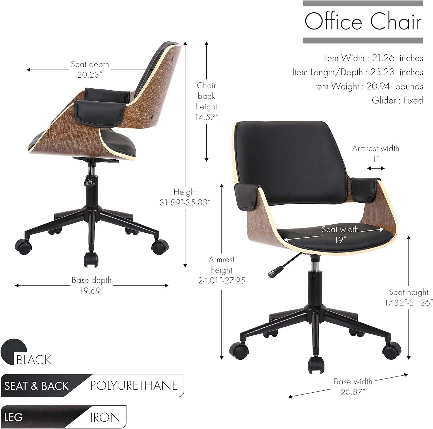 TJUNBOLIFE Rey Office Chair with -degree Swivel  Instant Adjustable Height  PU Leather Upholstery and Durable Roller Caster Wheels (for Home Office and Commercial Office